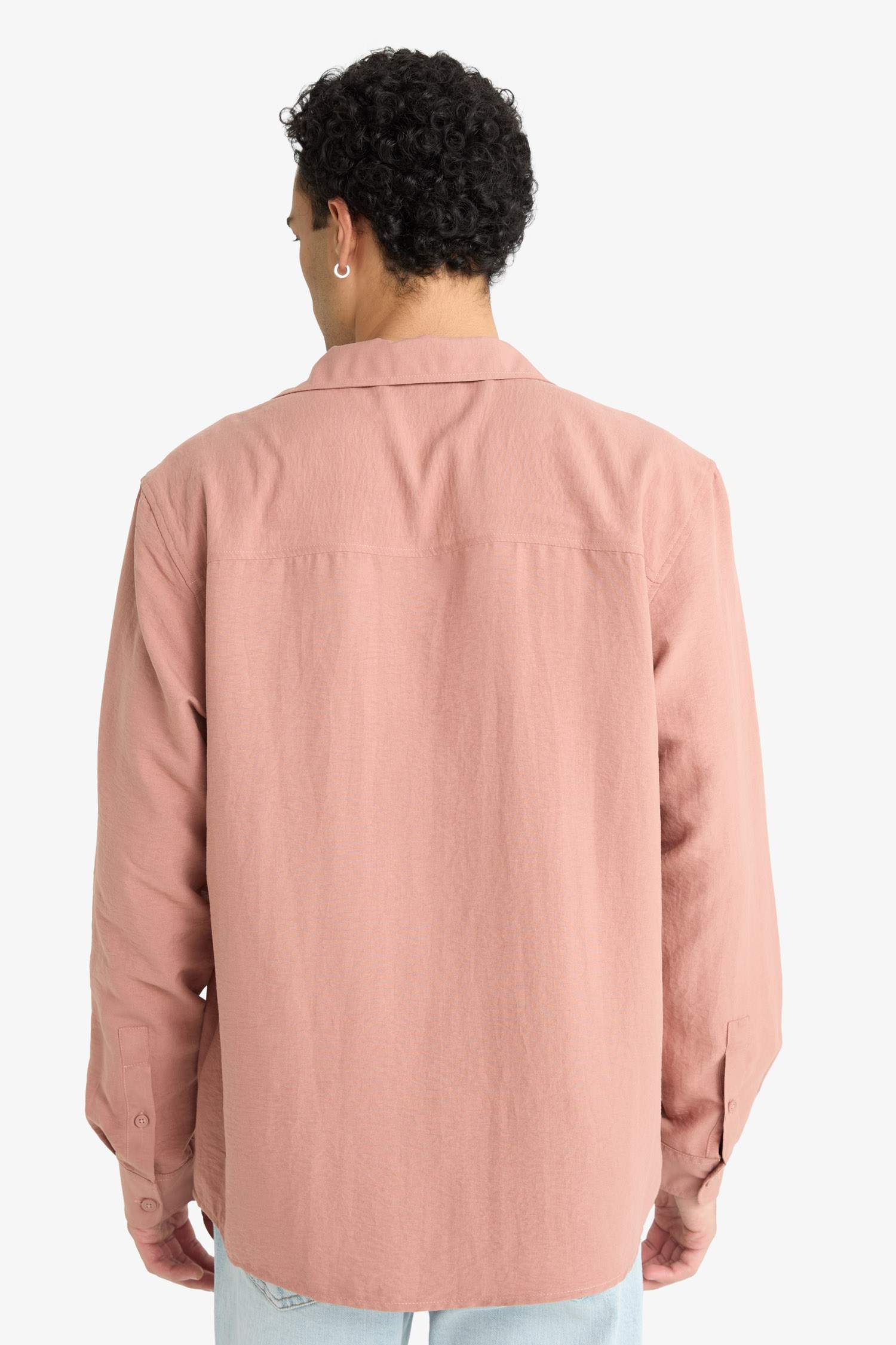 Relax Fit Apaş Yaka Dokuma Uzun Kollu Gömlek