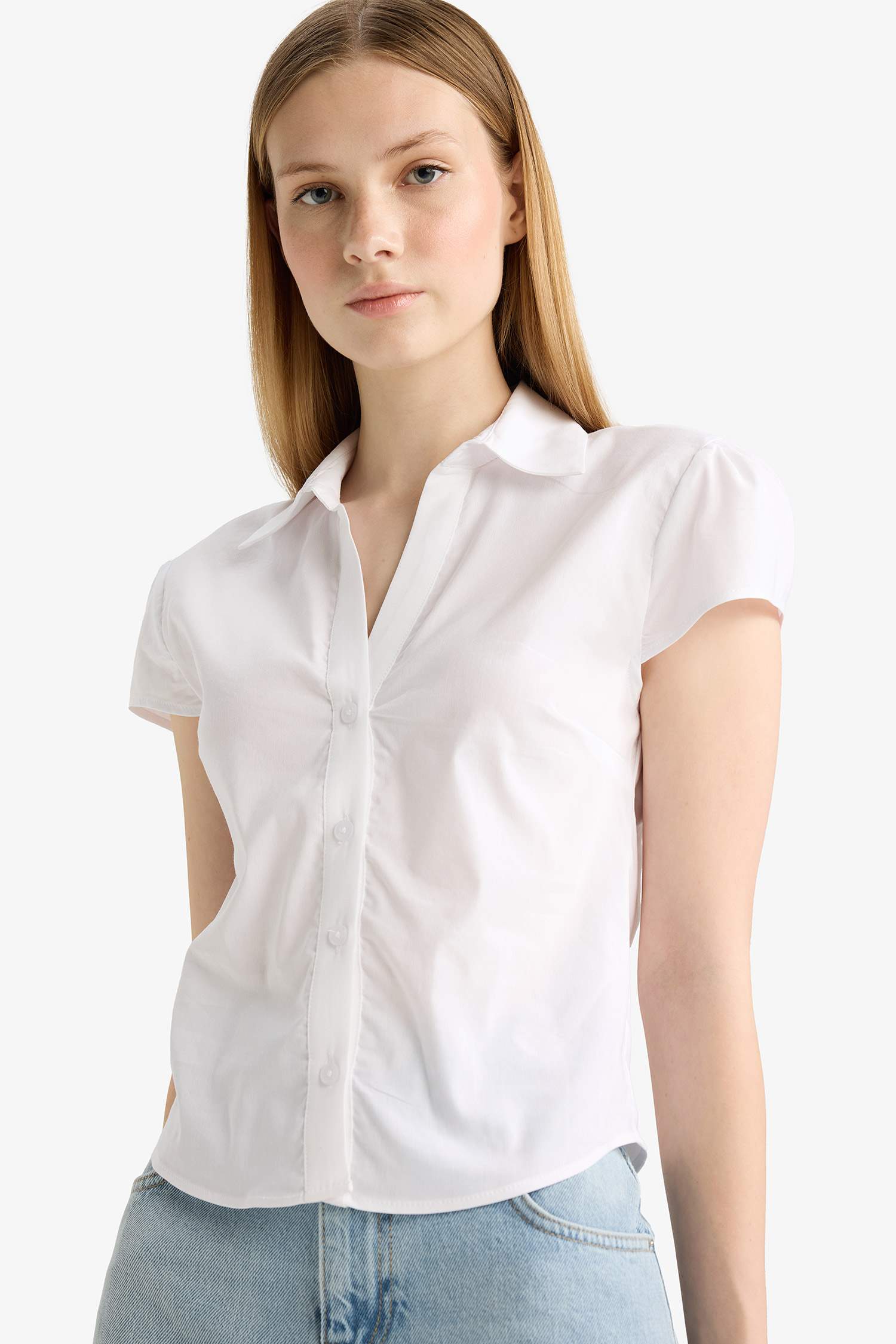 Coool Fitted Poplin Kısa Kollu Beyaz Gömlek