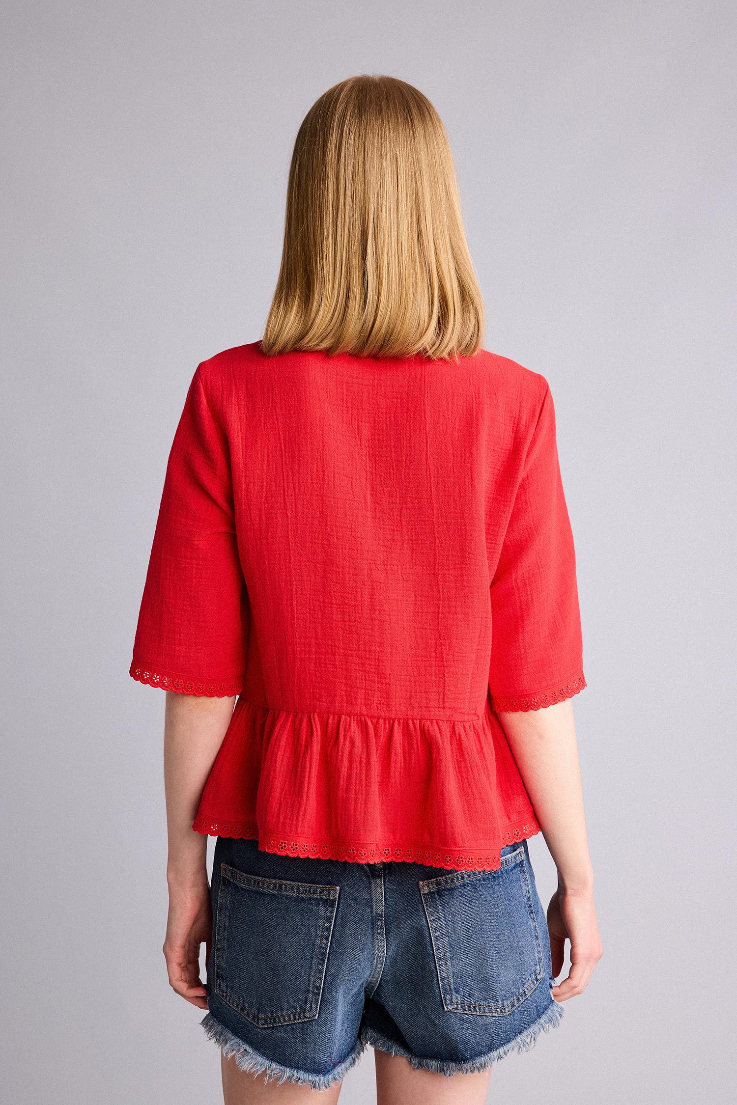 DeFacto %100 Pamuk Bağlamalı Müslin Kısa Kollu Bluz görsel 5