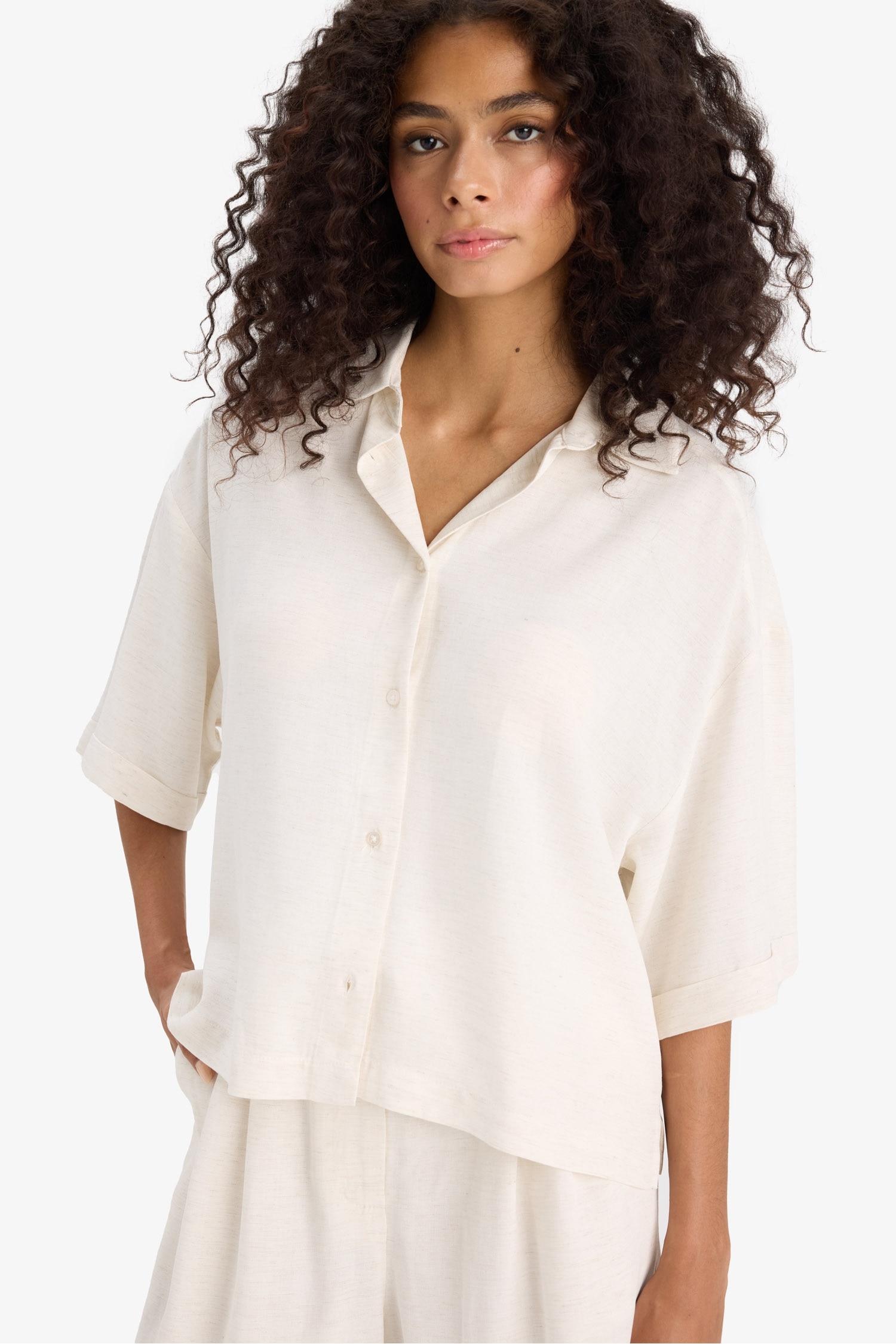 Oversize Fit Shirt Collar Linen Blended Short Sleeve Shirt