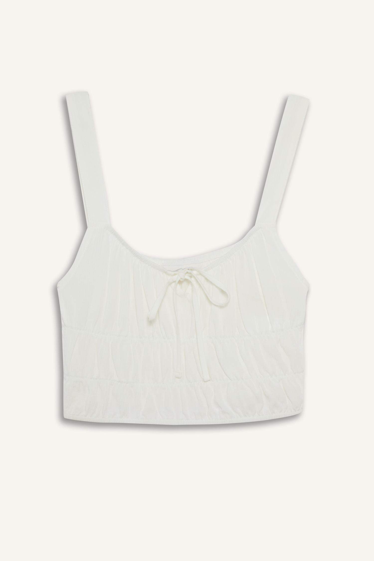 Fitted V-Neck Crop Textured White Blouse