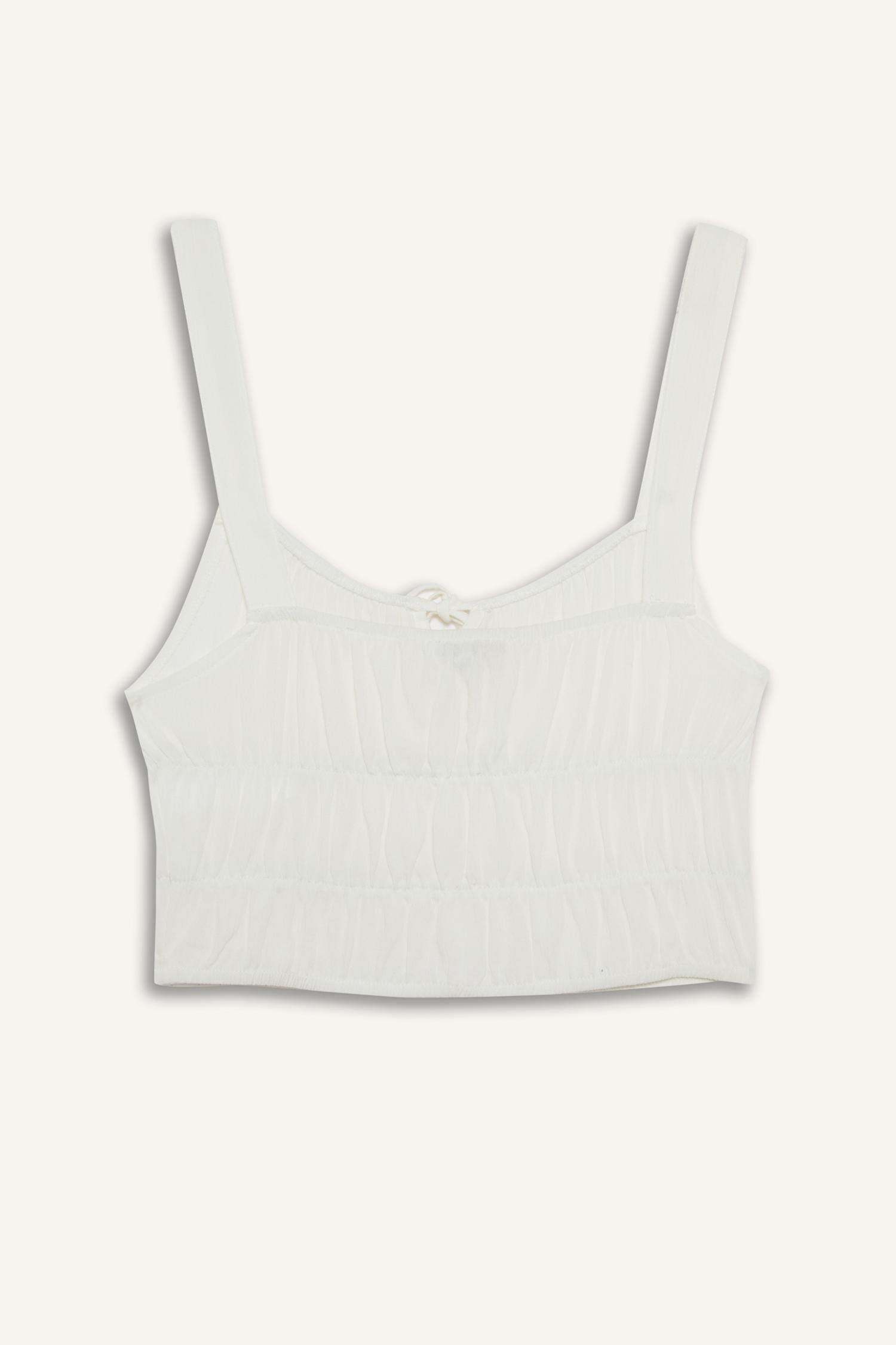 Fitted V-Neck Crop Textured White Blouse