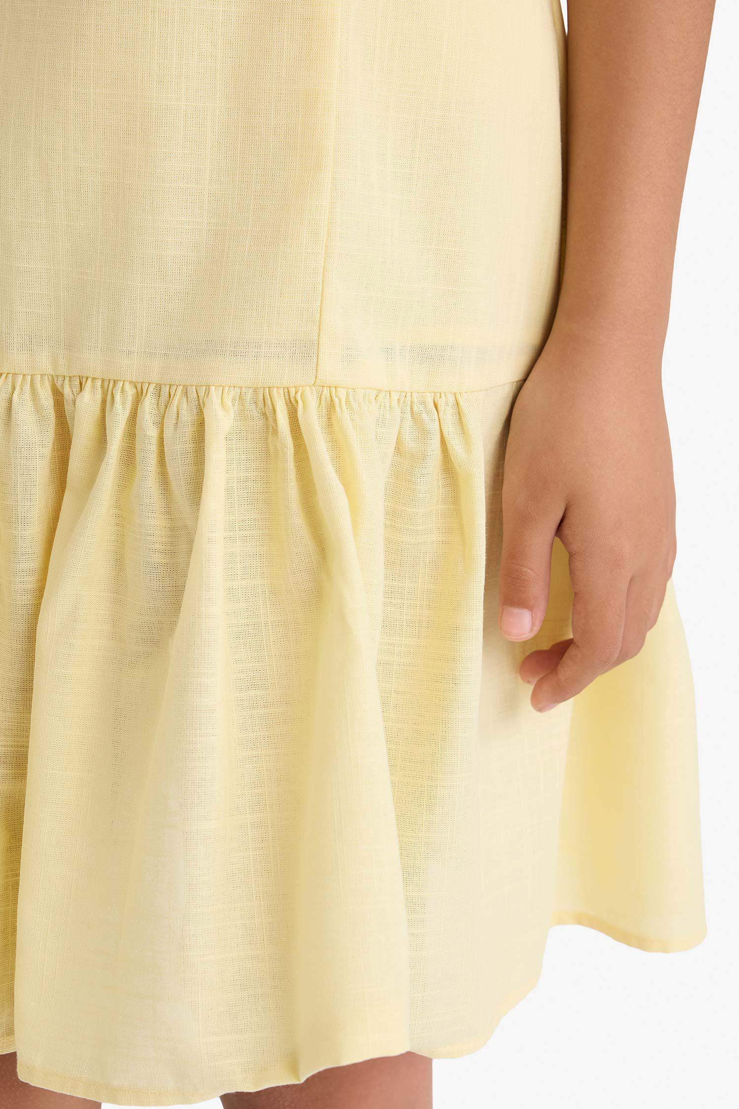 Regular Fit Round Neck Flounce Cotton Sleeveless Dress