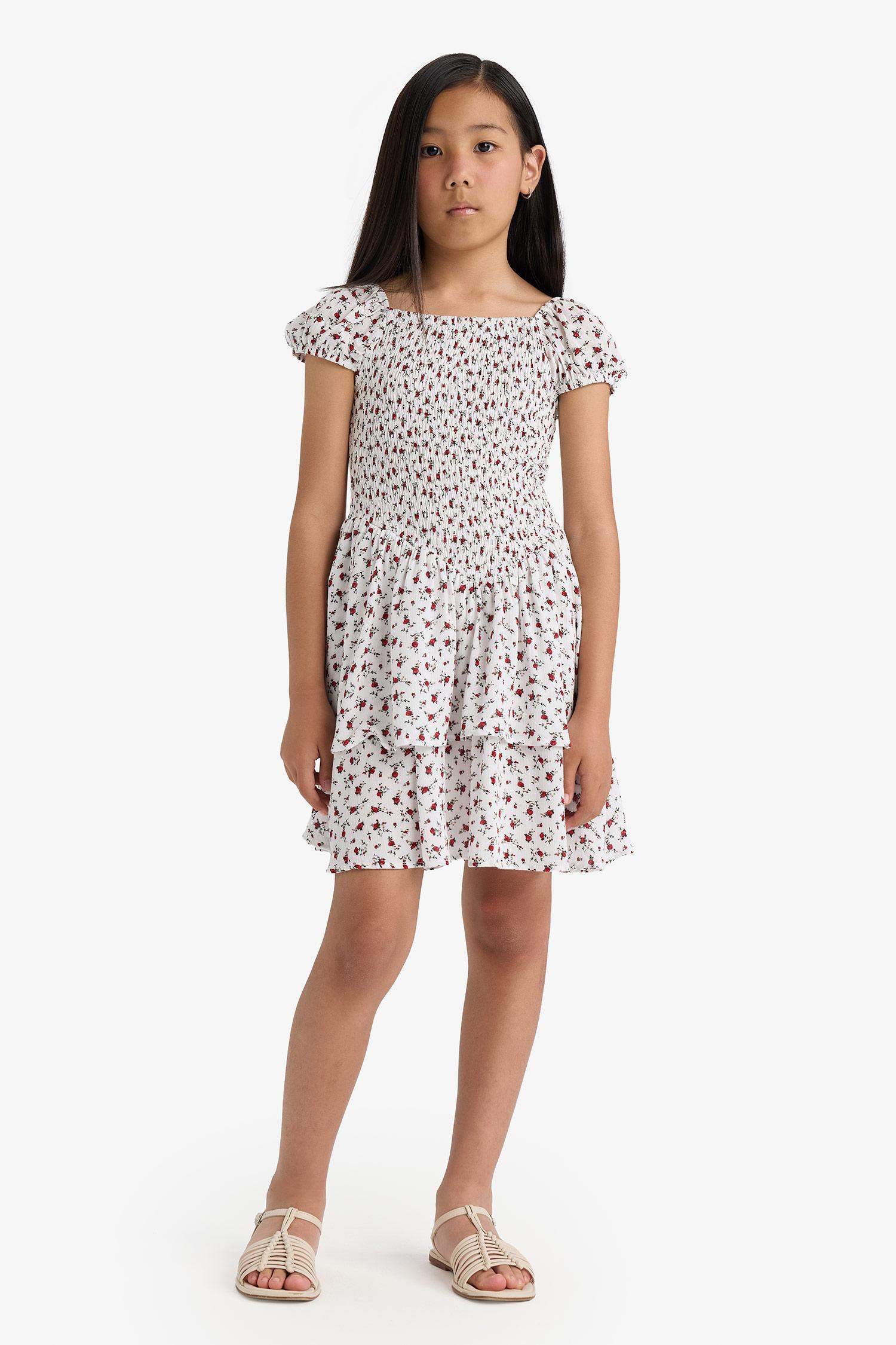 Girl Short Sleeve Floral Patterned Dress