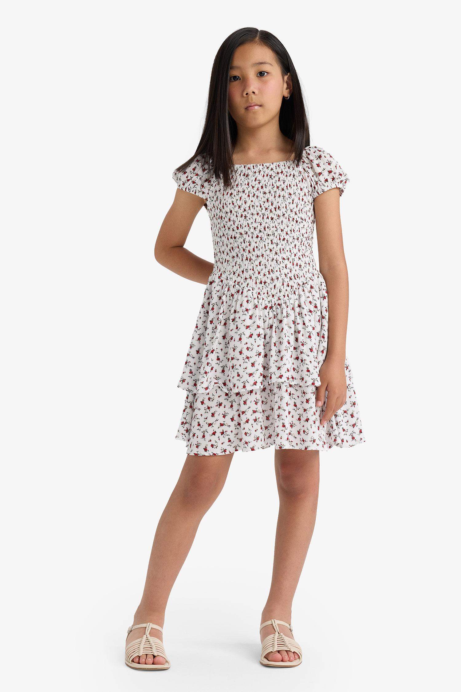 Girl Short Sleeve Floral Patterned Dress