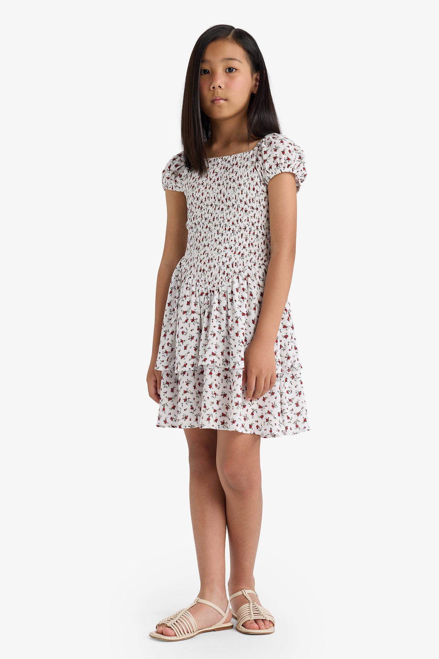 Girl Short Sleeve Floral Patterned Dress