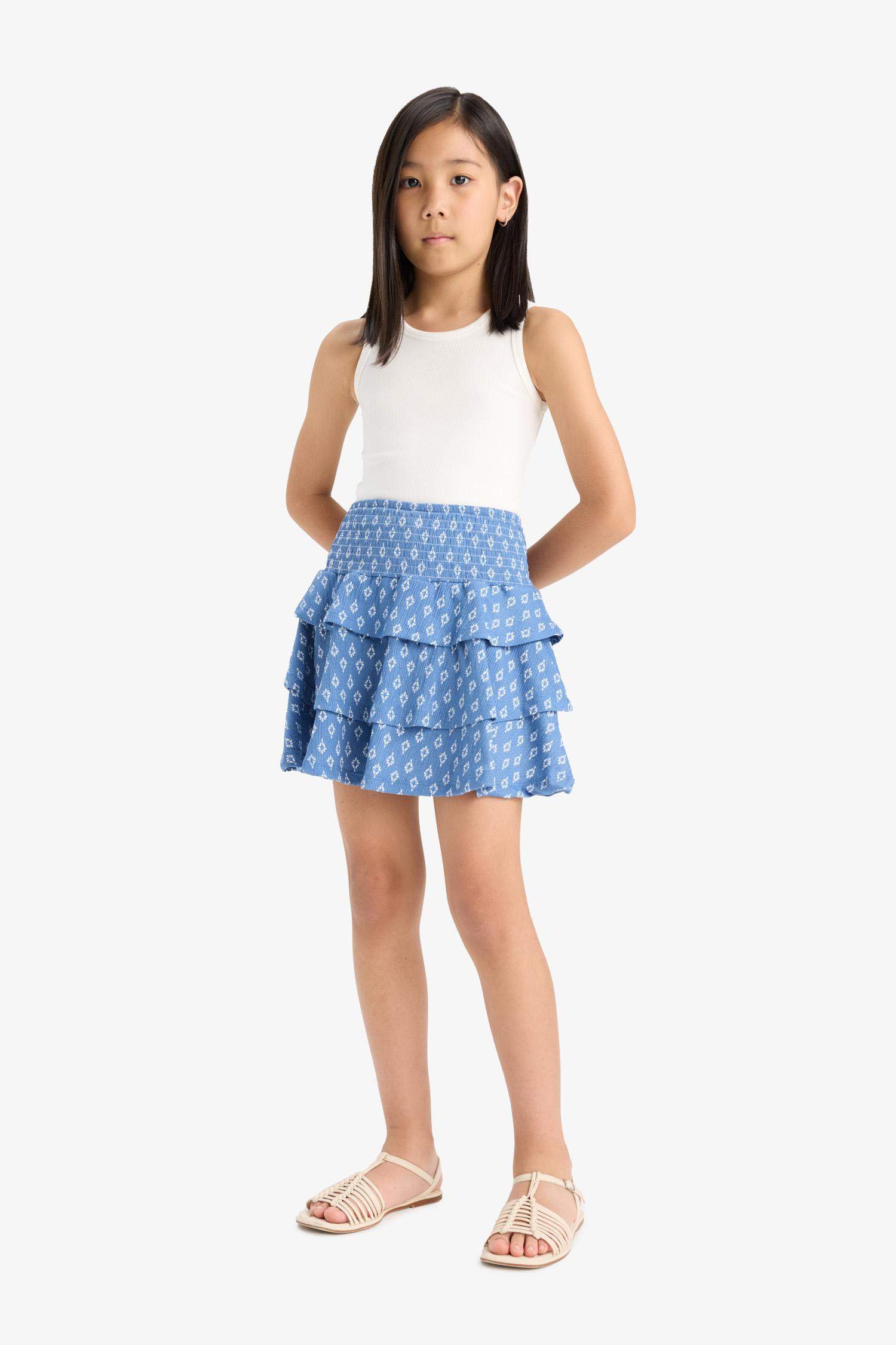 Kız Çocuk Beli Lastikli Desenli Volanlı Etek