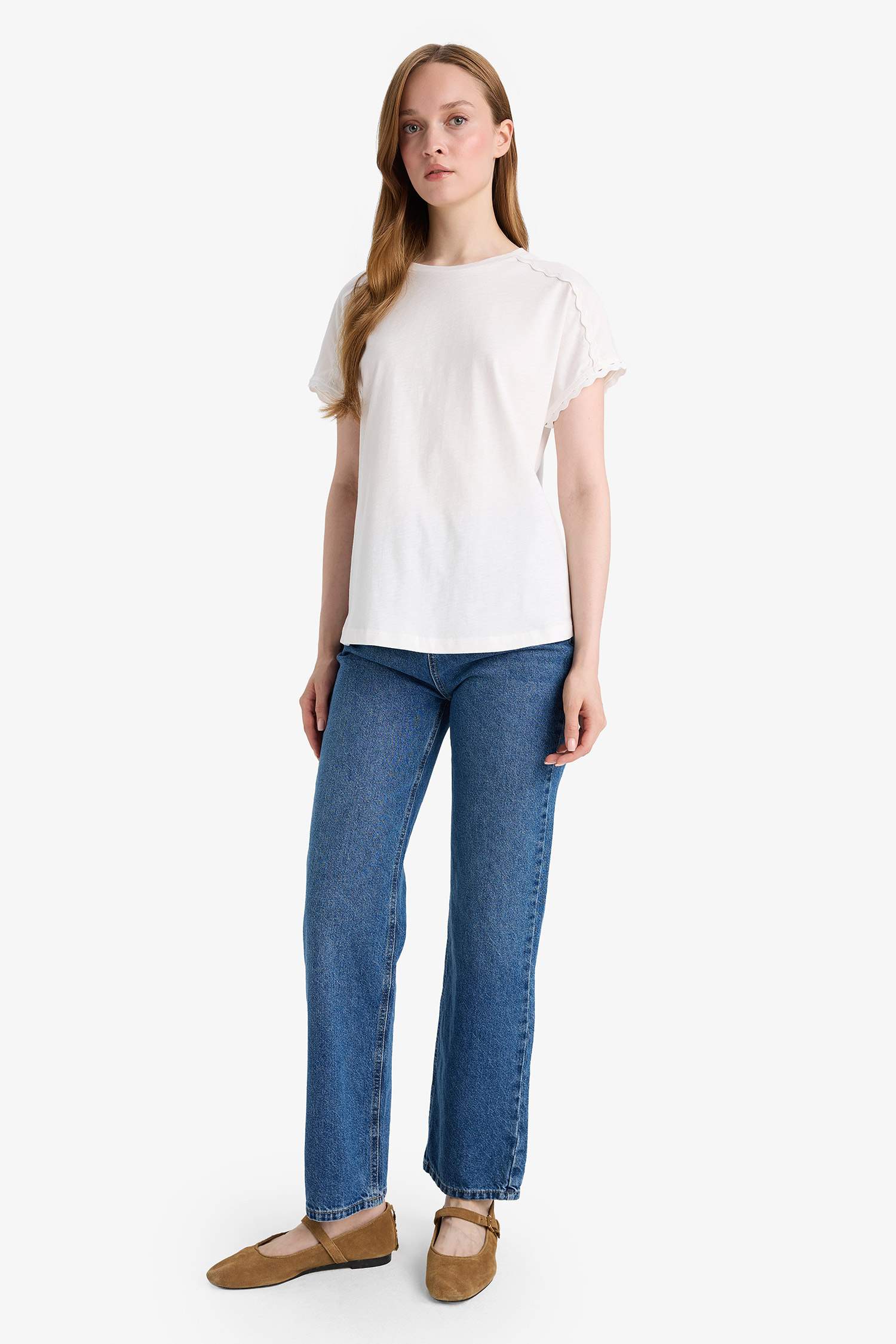 Regular Fit Bisiklet Yaka Flamlı Pamuk Kısa Kollu Tişört