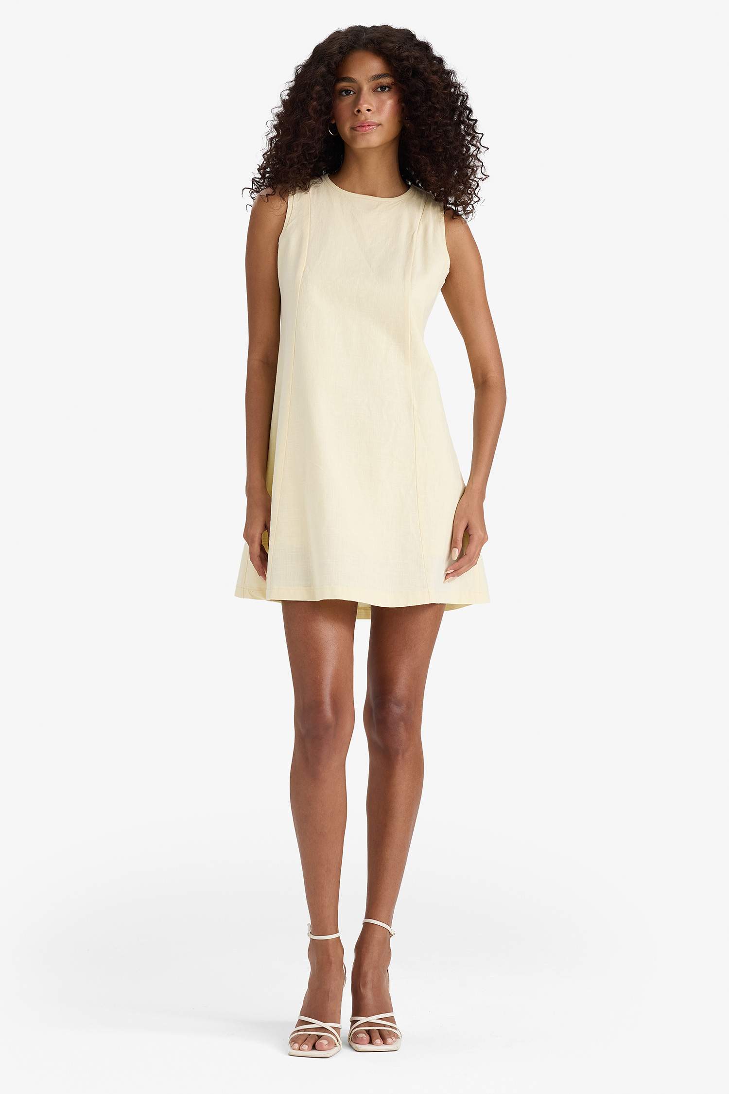 Bisiklet Yaka Keten Görünümlü Kolsuz Mini Elbise