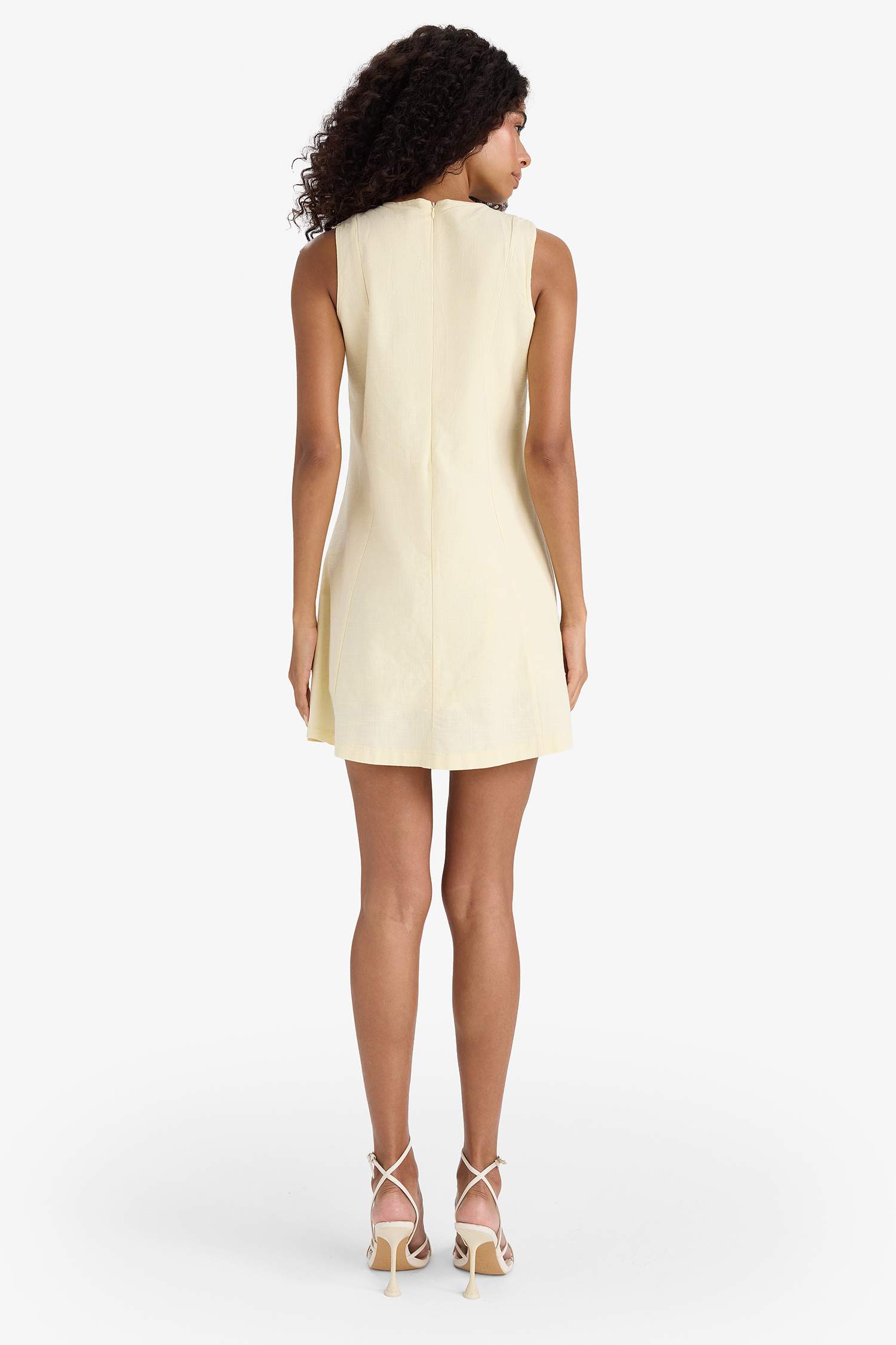 Bisiklet Yaka Keten Görünümlü Kolsuz Mini Elbise