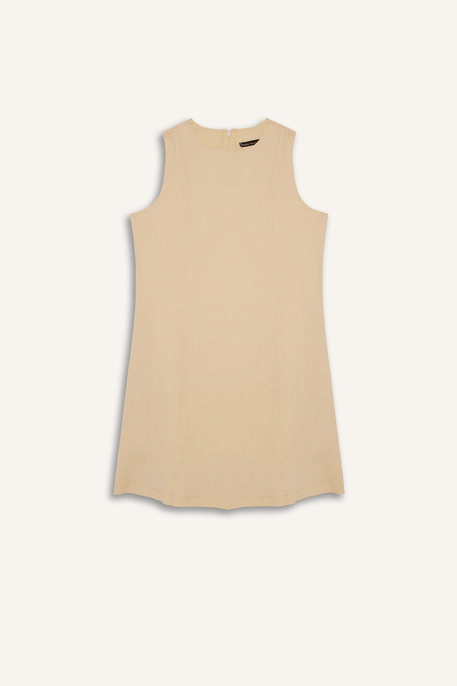 Bisiklet Yaka Keten Görünümlü Kolsuz Mini Elbise