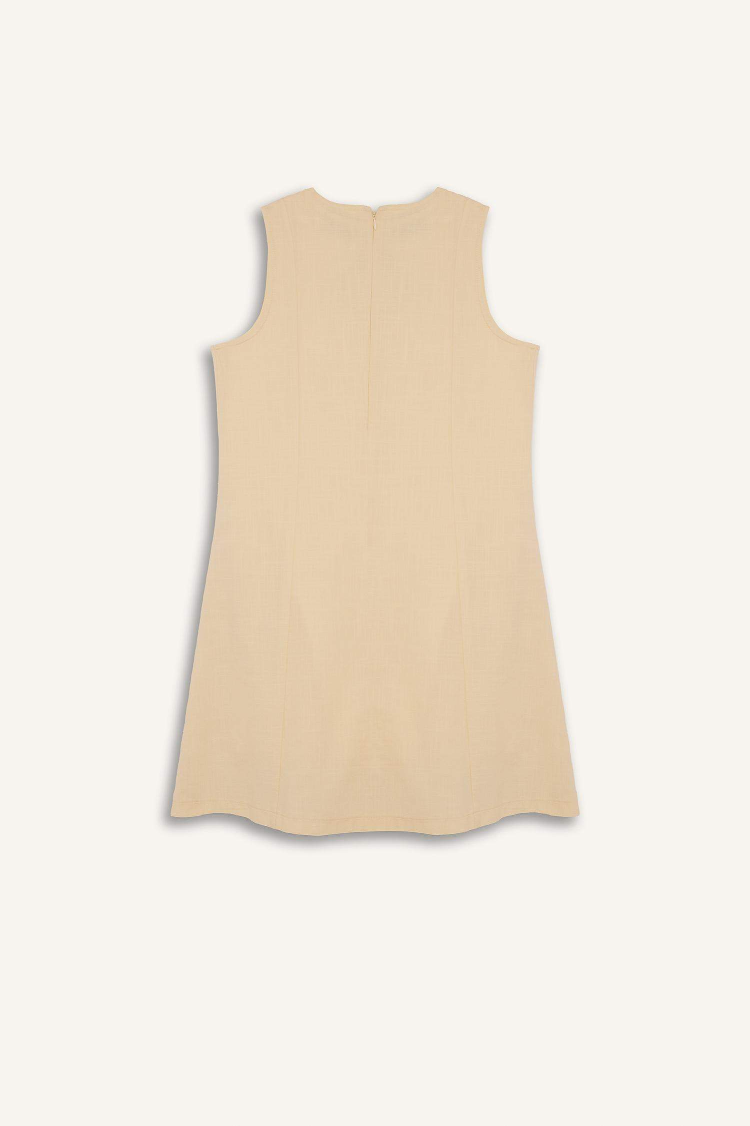 Bisiklet Yaka Keten Görünümlü Kolsuz Mini Elbise