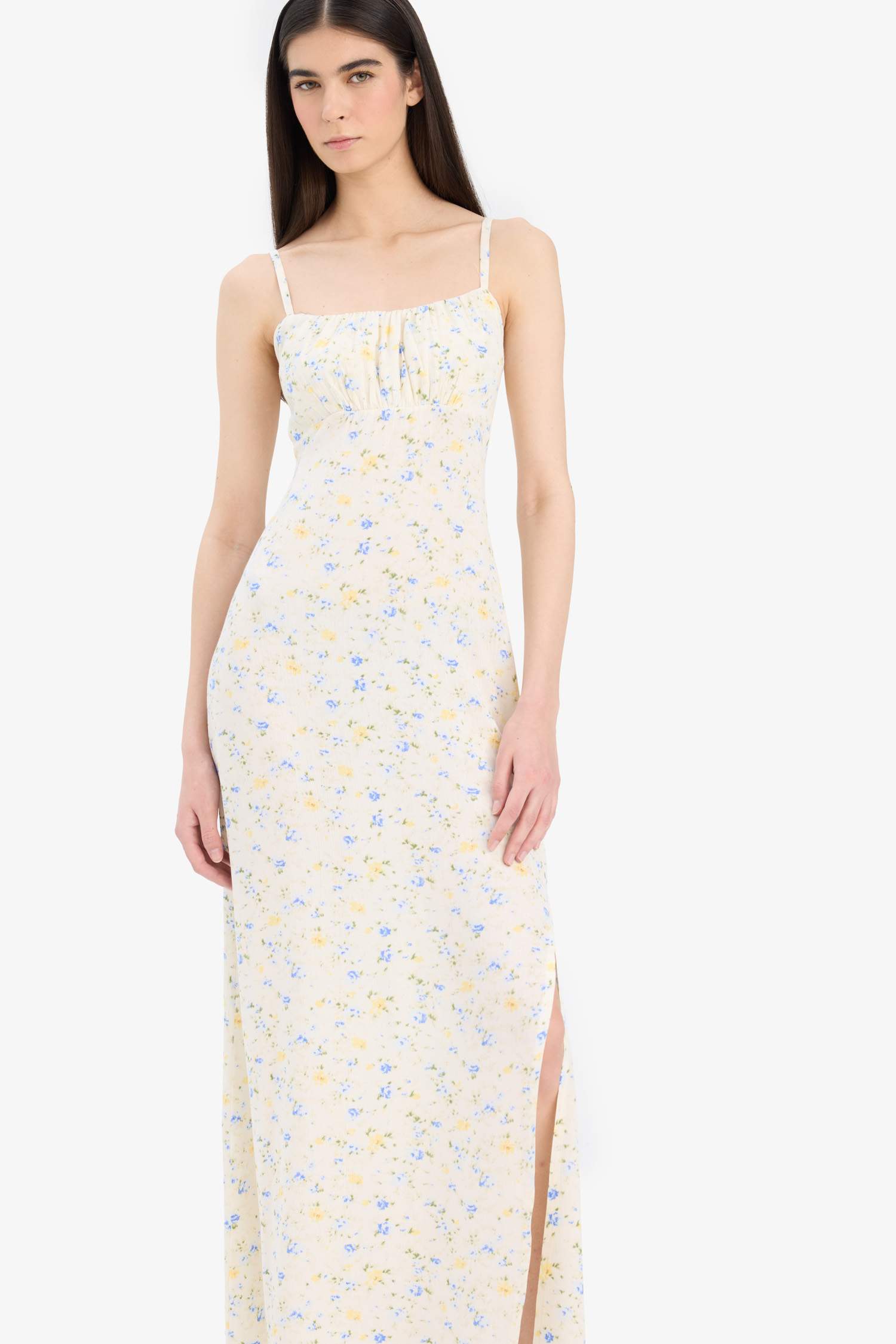 V Neck Floral Crinkle Viscose Sleeveless Midi Dress