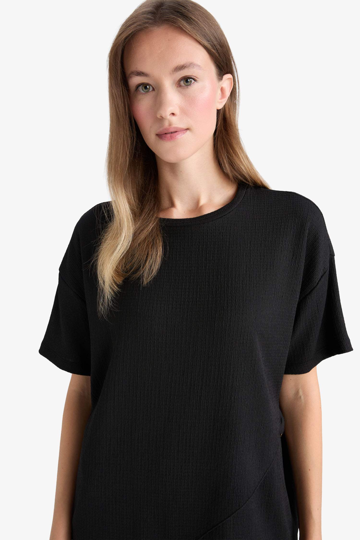 Regular Fit Bisiklet Yaka Bürümcük Kısa Kollu Tişört