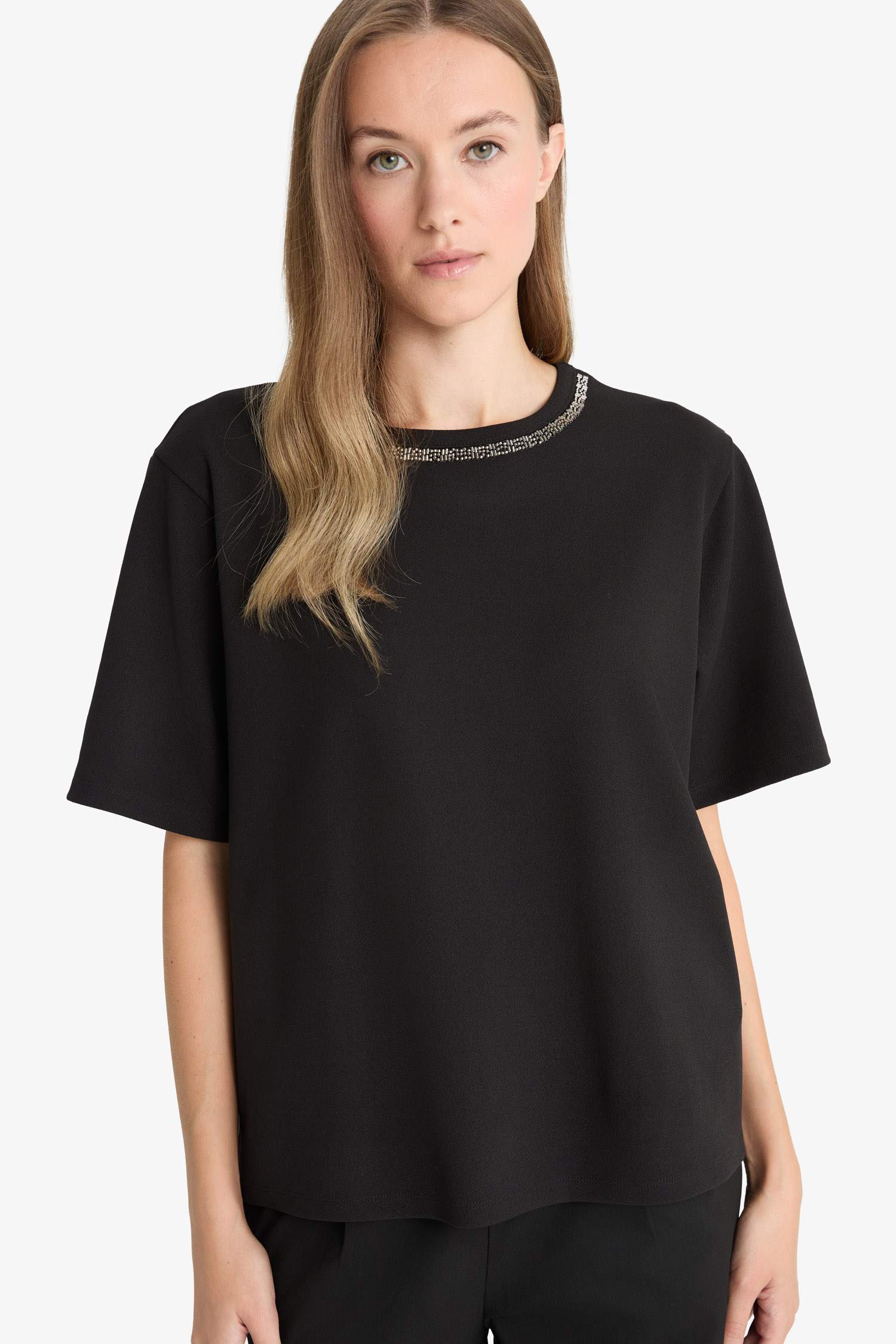 Regular Fit Crew Neck Embroidered Printed Crepe T-Shirt