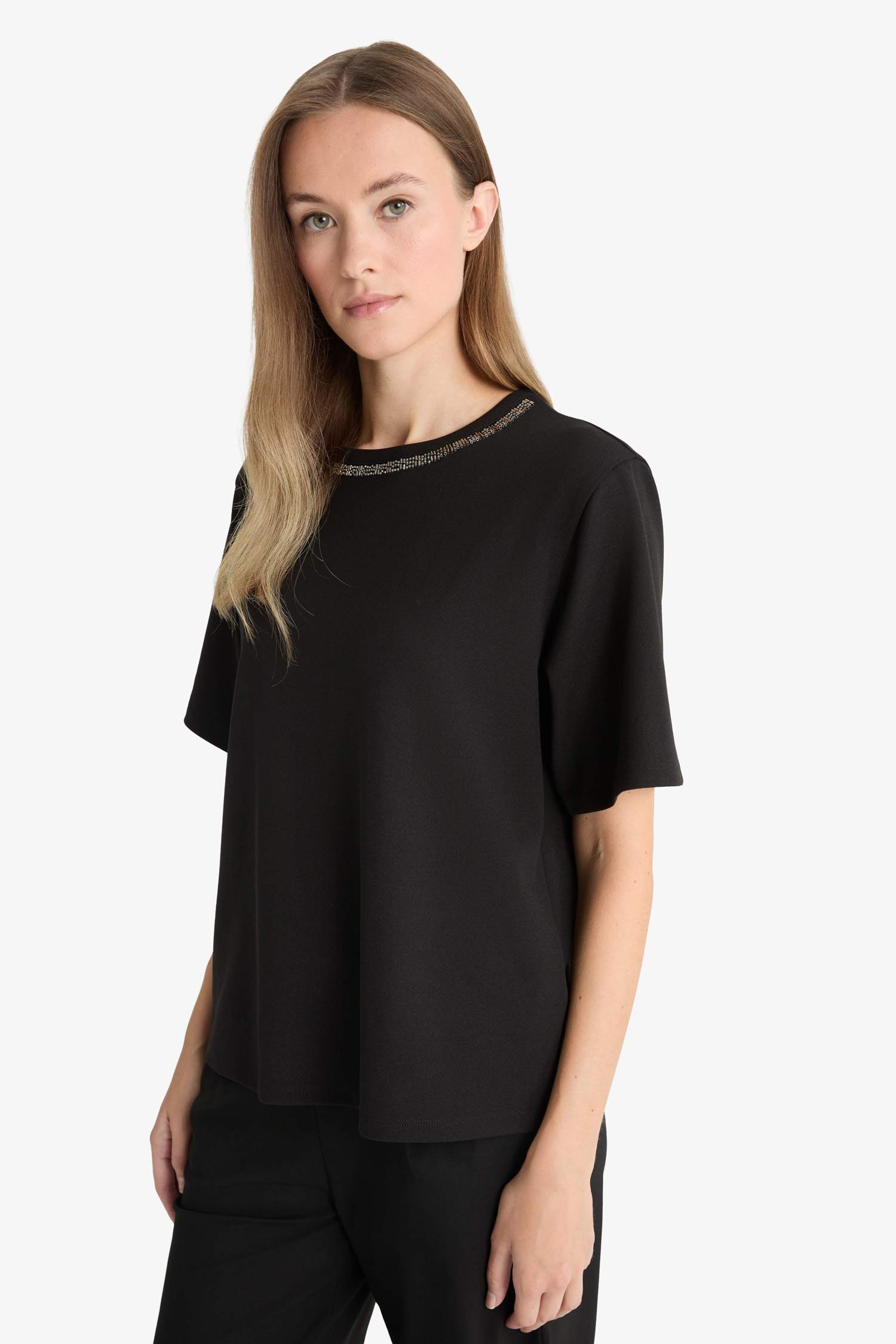 Regular Fit Crew Neck Embroidered Printed Crepe T-Shirt