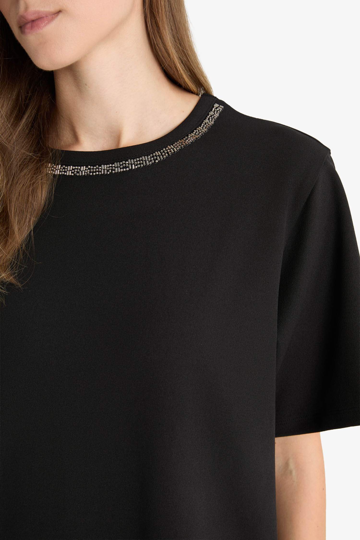 Regular Fit Crew Neck Embroidered Printed Crepe T-Shirt