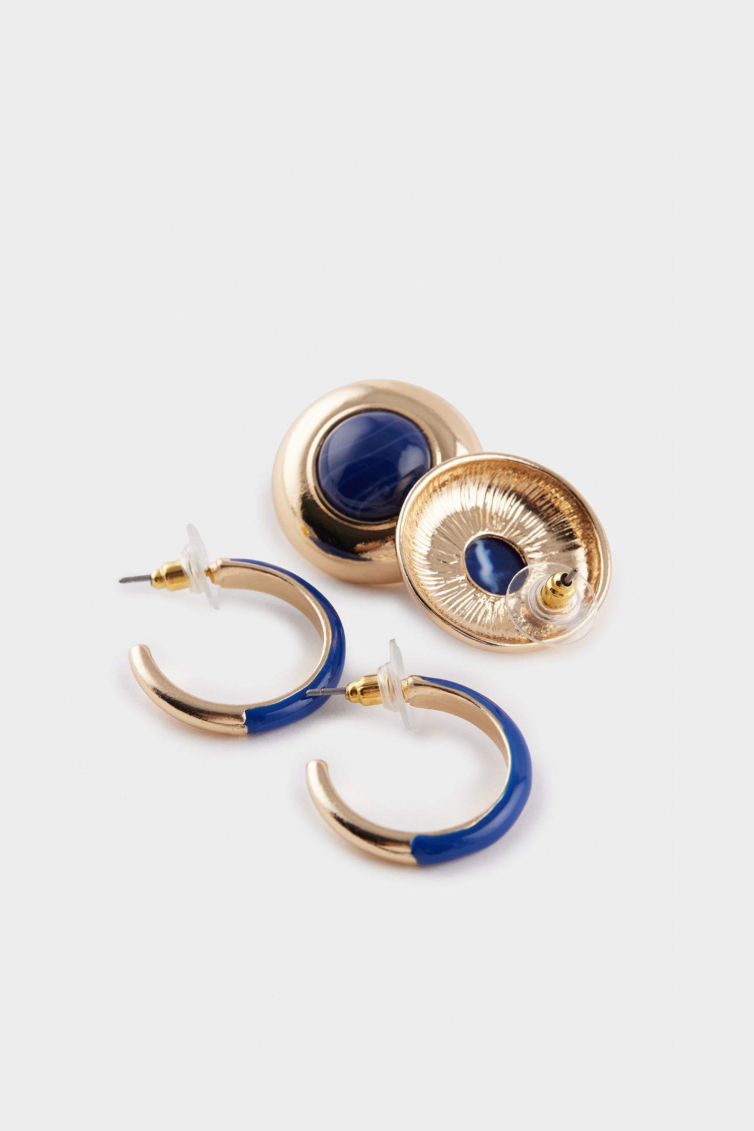 Woman 2 Piece Golden Earrings With Blue Stones