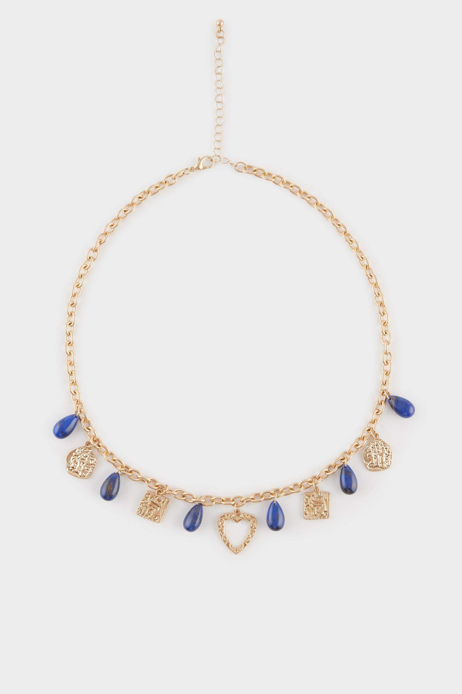 Kadın Mavi Taşlı Kalpli Gold Kolye