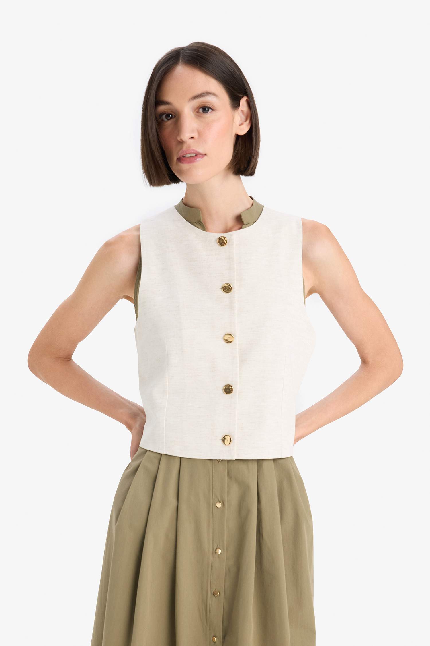 Fitted Bisiklet Yaka Düğmeli Yelek