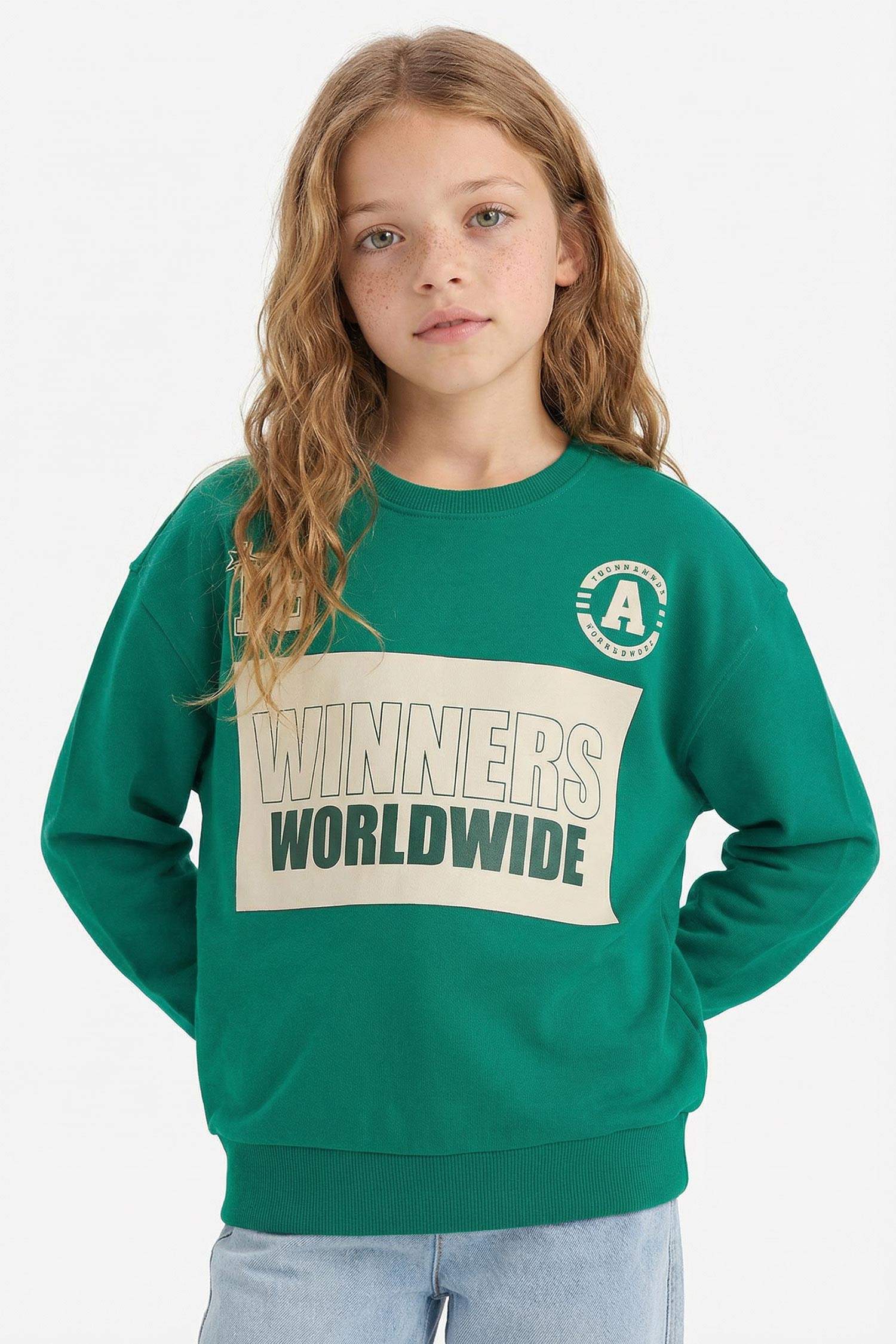 Girl Relax Fit Crew Neck Slogan Printed Sweatshirt