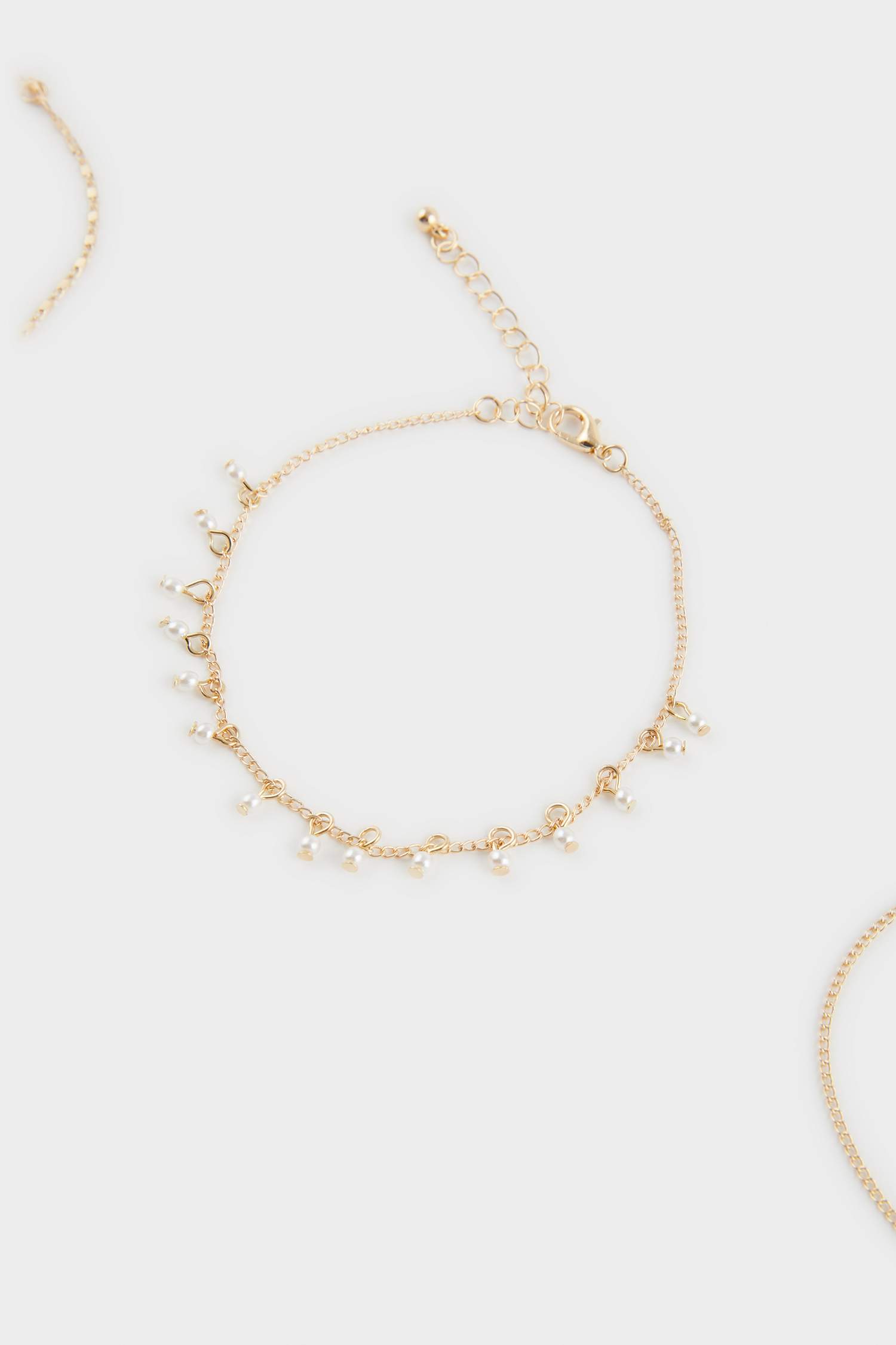 Woman 3 Piece Golden Anklets With Pearls
