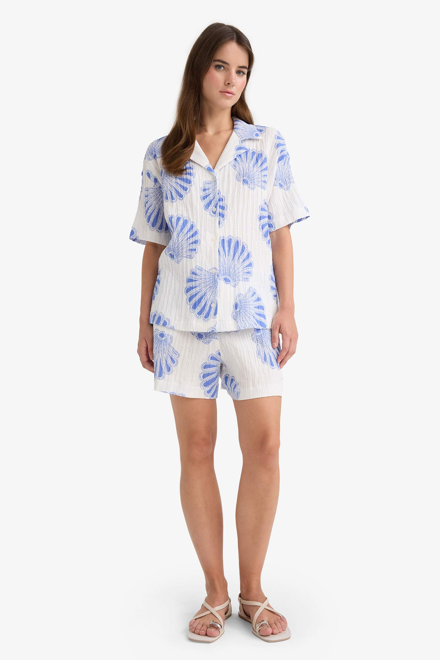 Regular Fit Jacket Collar Muslin Short Sleeve Shirt