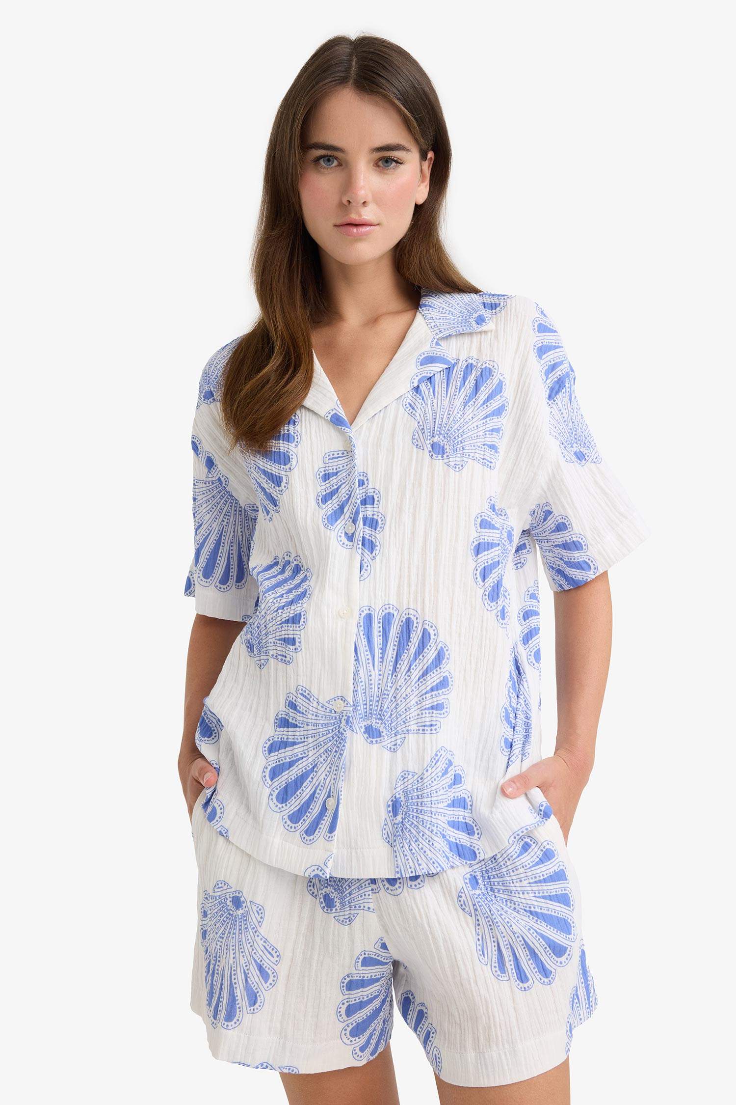 Regular Fit Jacket Collar Muslin Short Sleeve Shirt