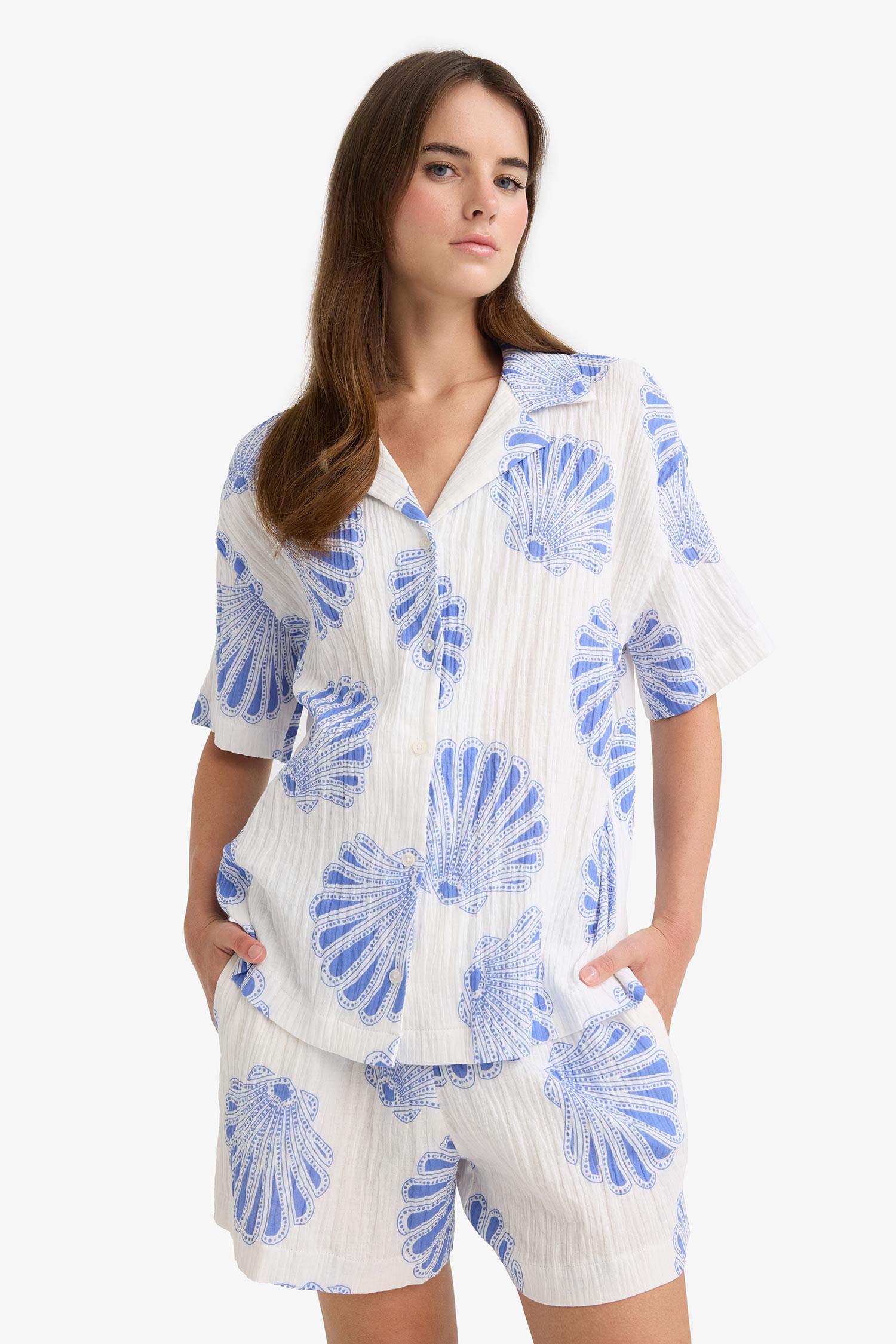 Regular Fit Jacket Collar Muslin Short Sleeve Shirt