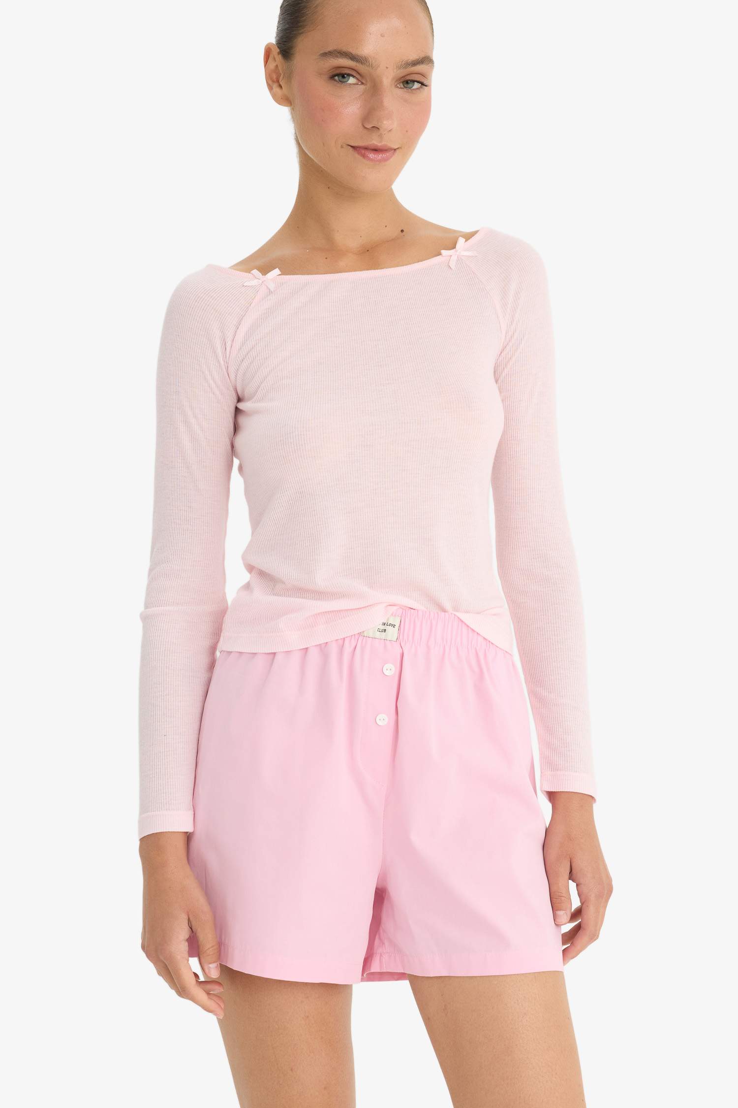 Regular Fit Kayık Yaka Uzun Kollu Ribana Pijama Üstü