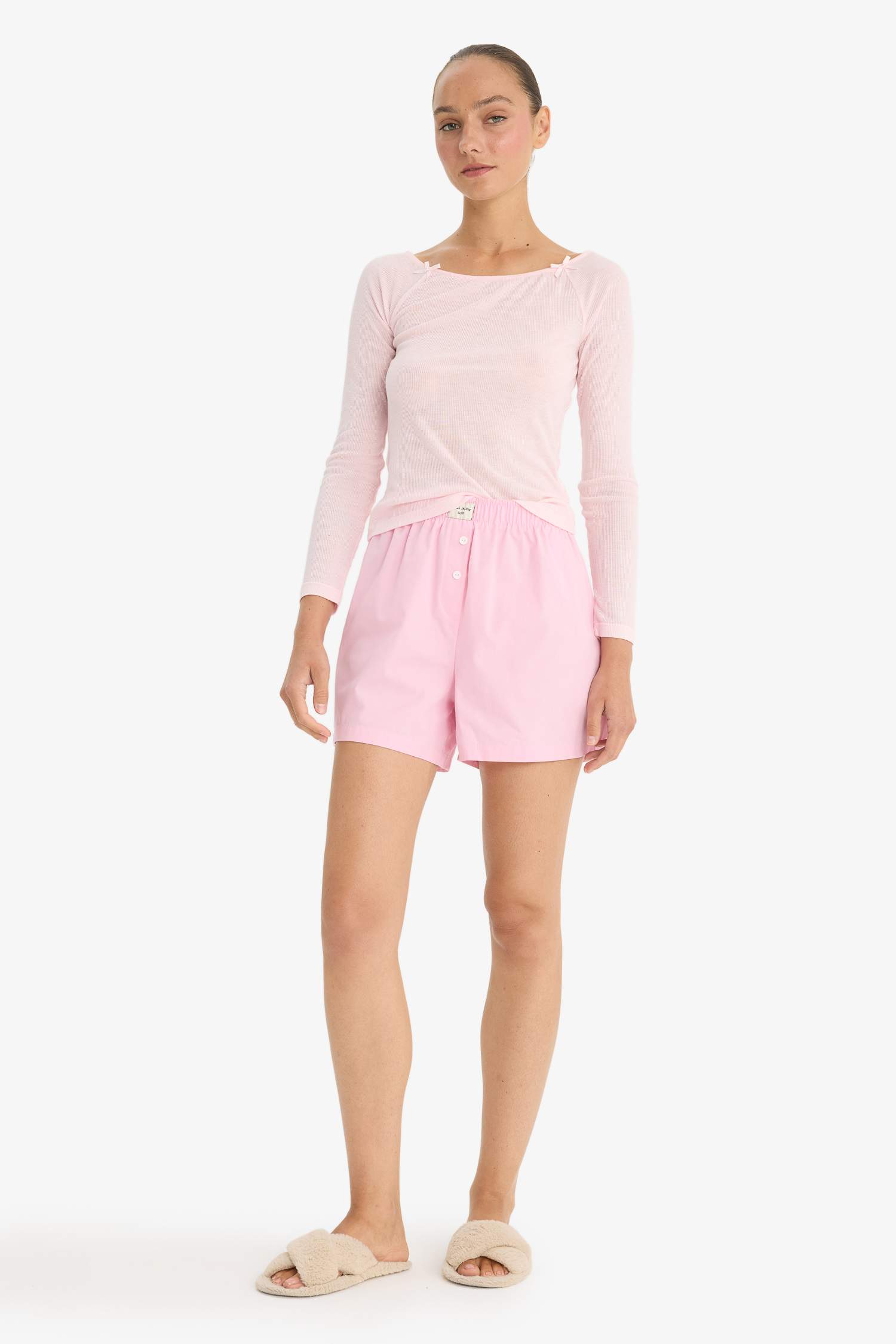 Regular Fit Kayık Yaka Uzun Kollu Ribana Pijama Üstü