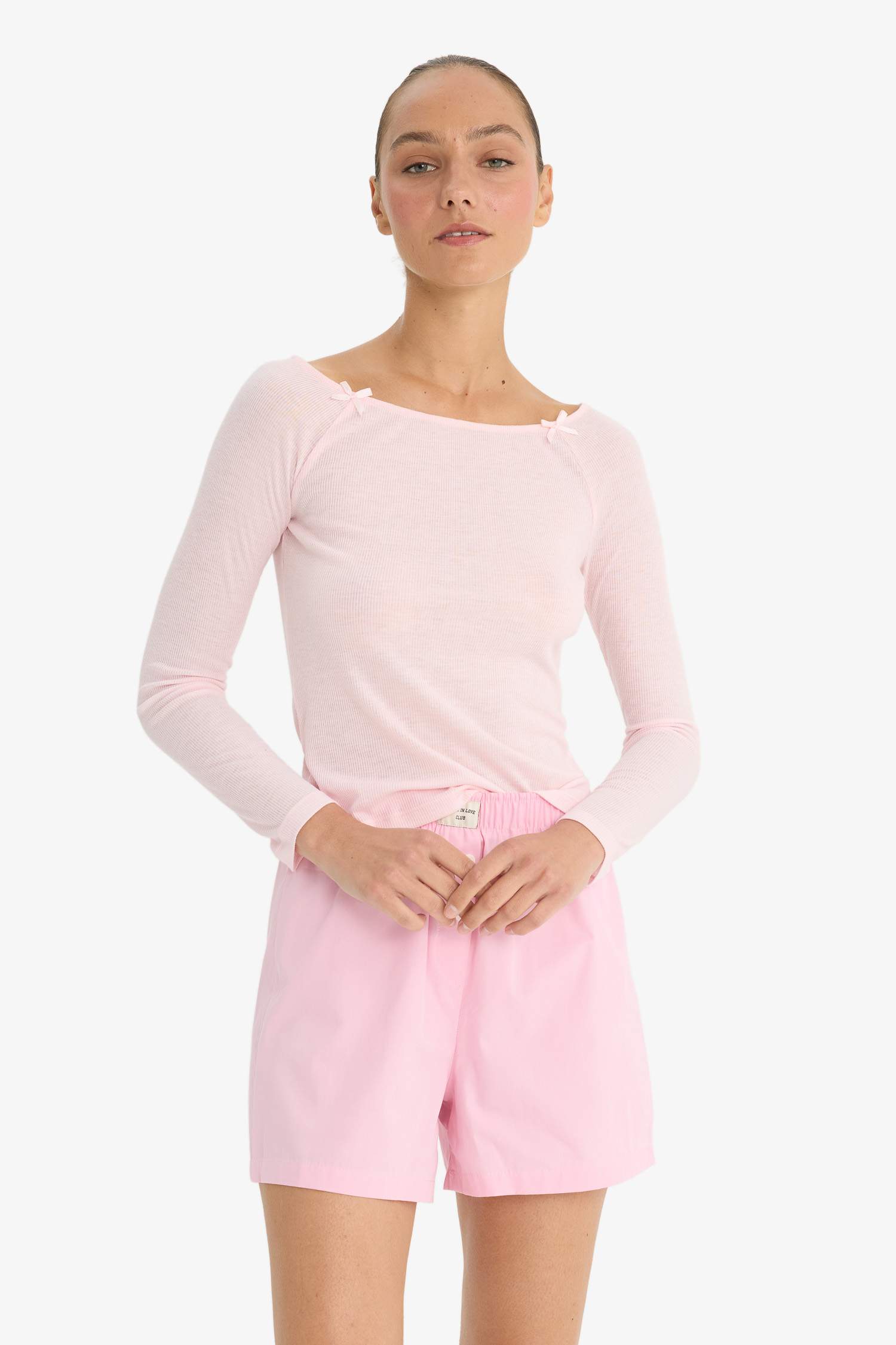 Regular Fit Kayık Yaka Uzun Kollu Ribana Pijama Üstü