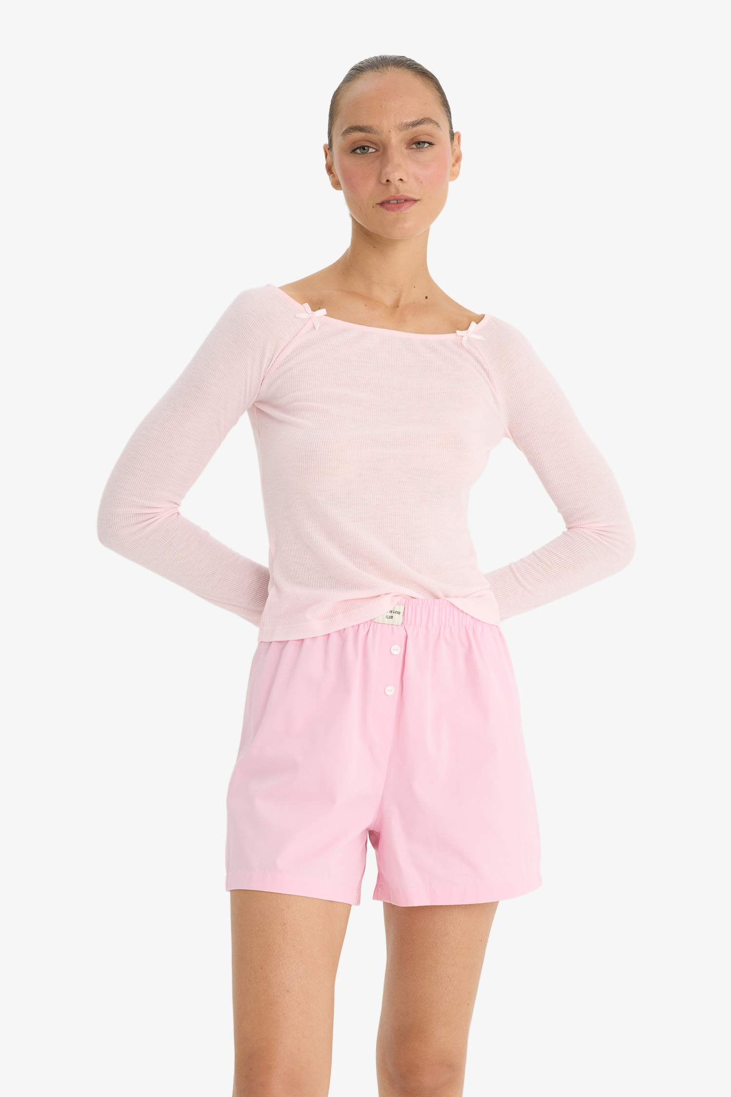 Regular Fit Kayık Yaka Uzun Kollu Ribana Pijama Üstü