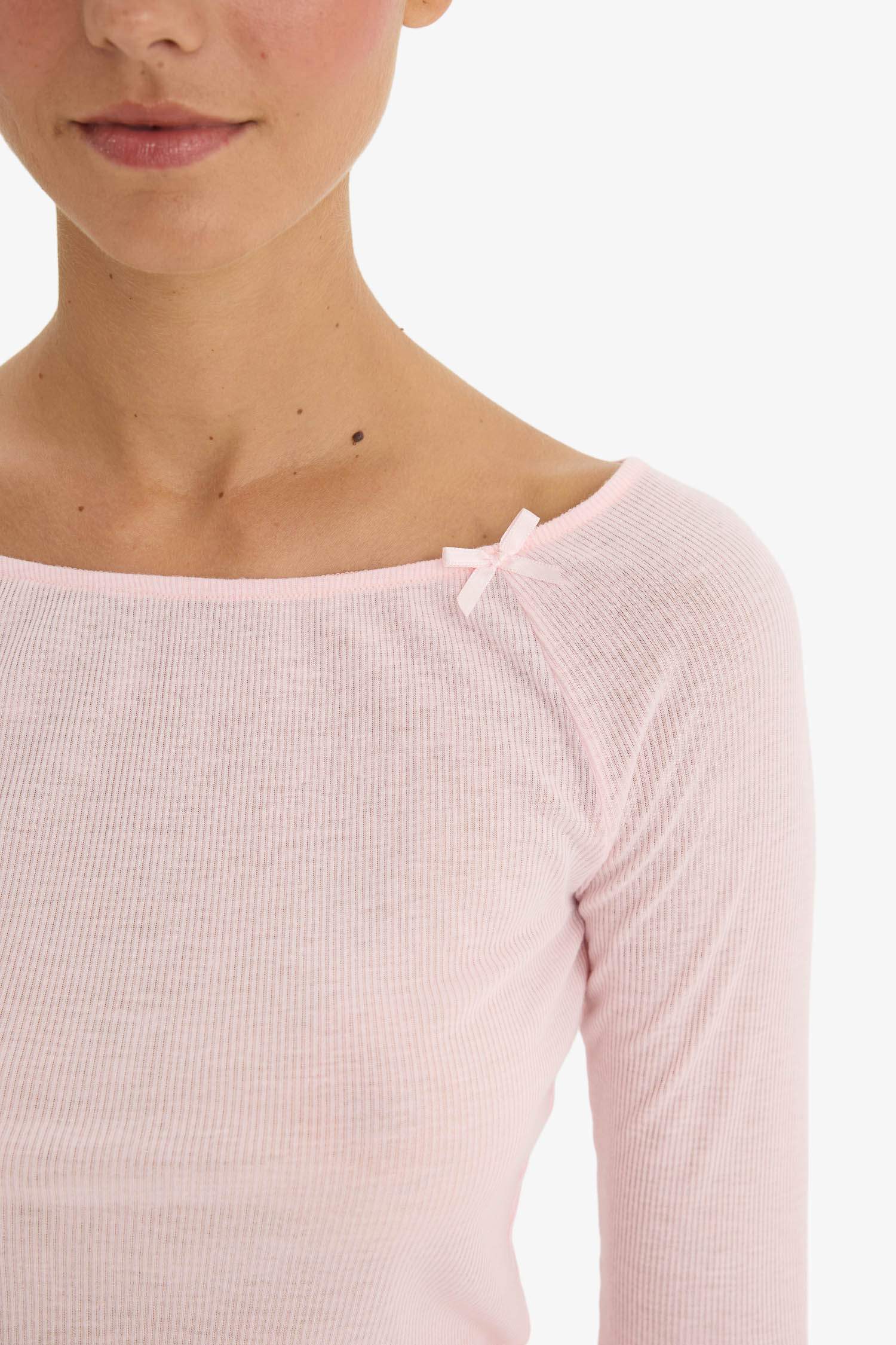 Regular Fit Kayık Yaka Uzun Kollu Ribana Pijama Üstü