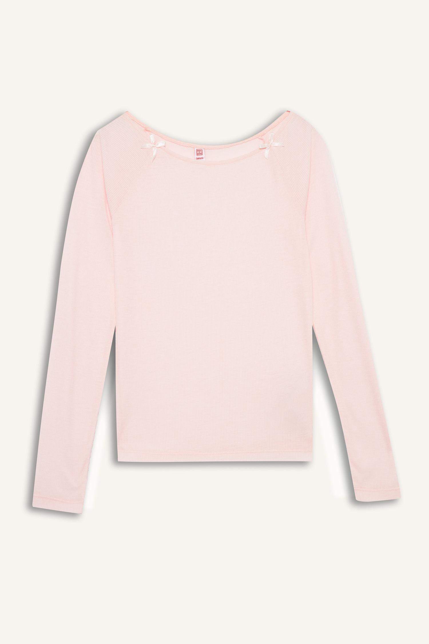 Regular Fit Kayık Yaka Uzun Kollu Ribana Pijama Üstü