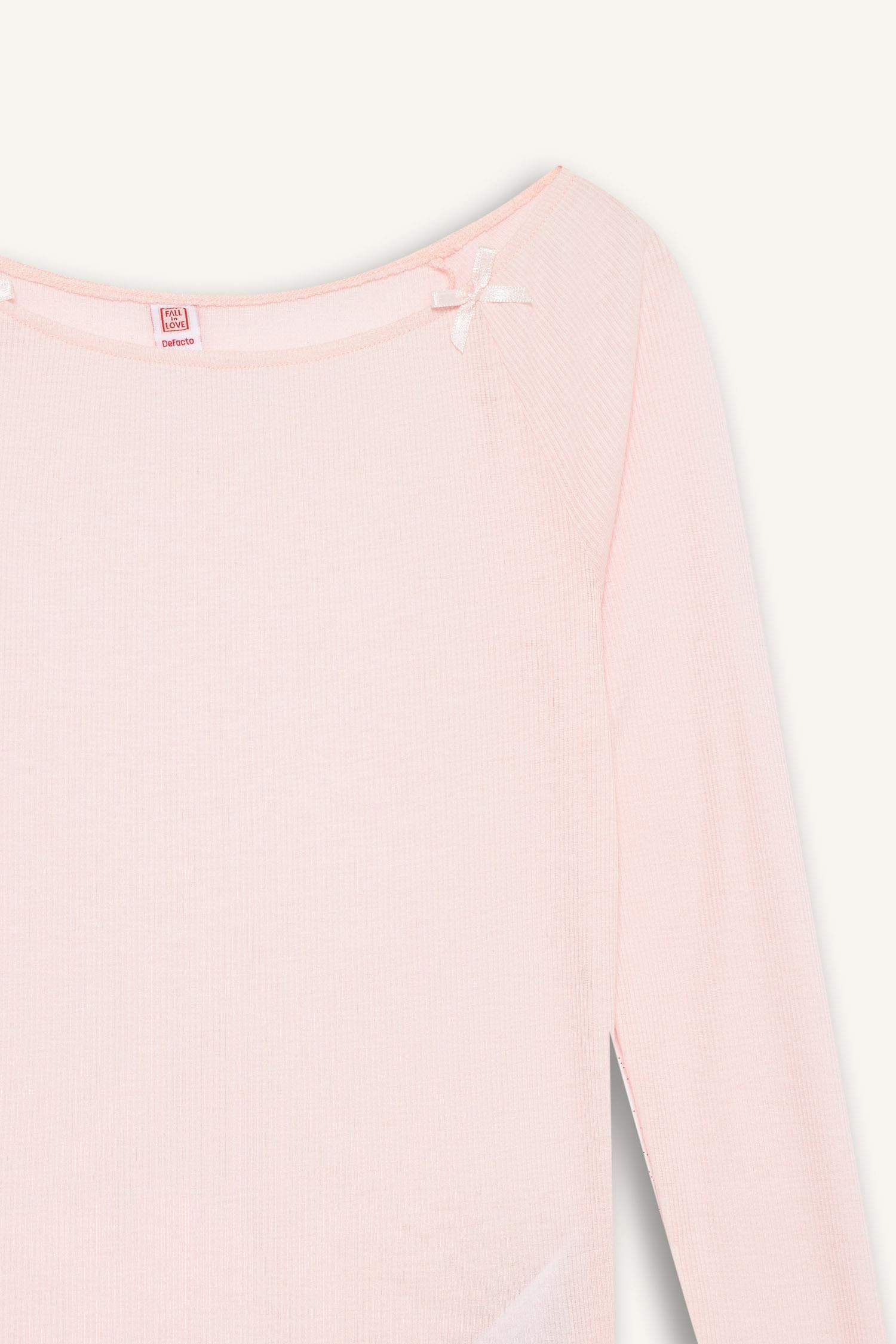 Regular Fit Kayık Yaka Uzun Kollu Ribana Pijama Üstü