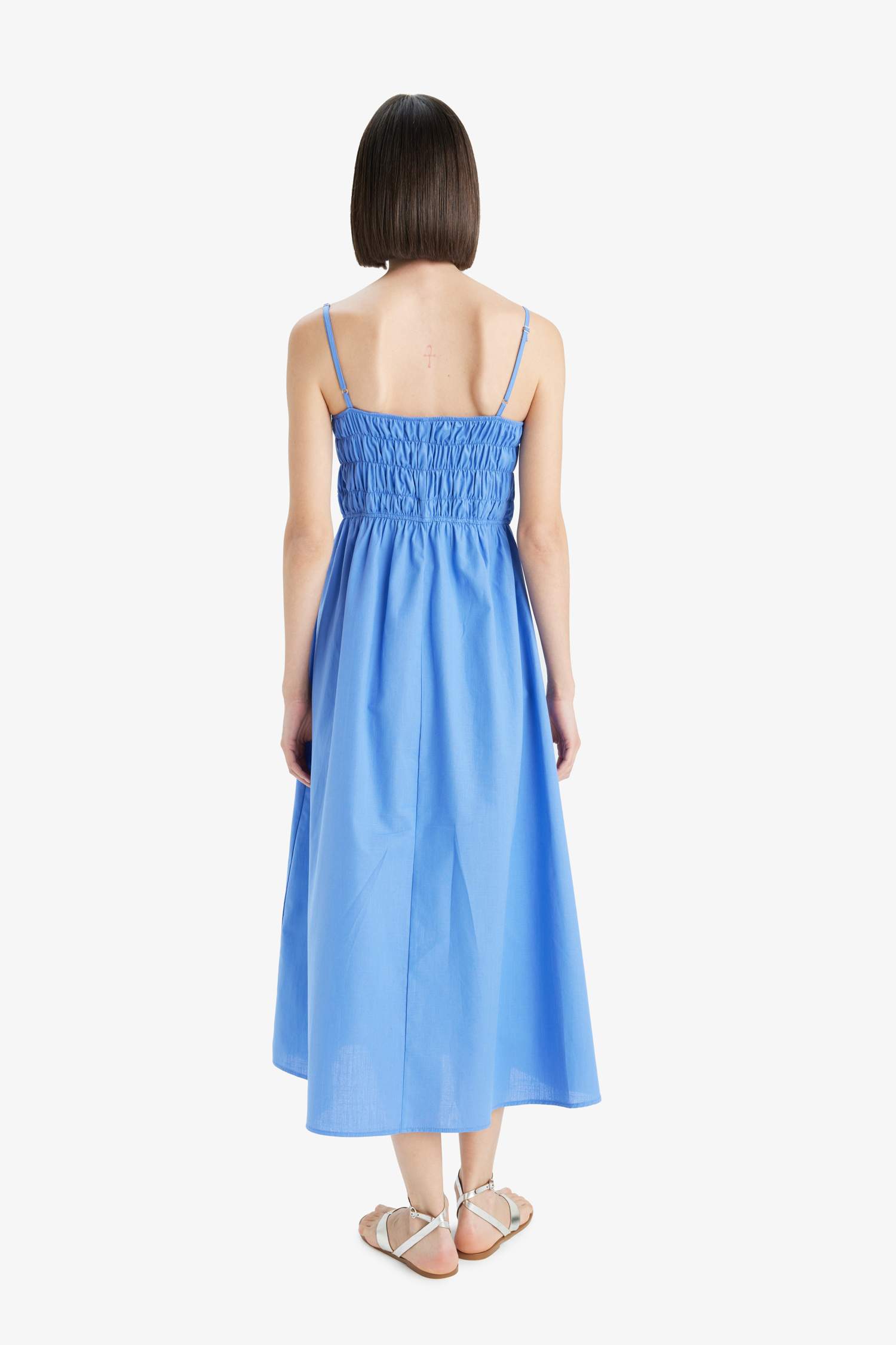 Kare Yaka Keten Görünümlü Gipeli Askılı Midi Elbise