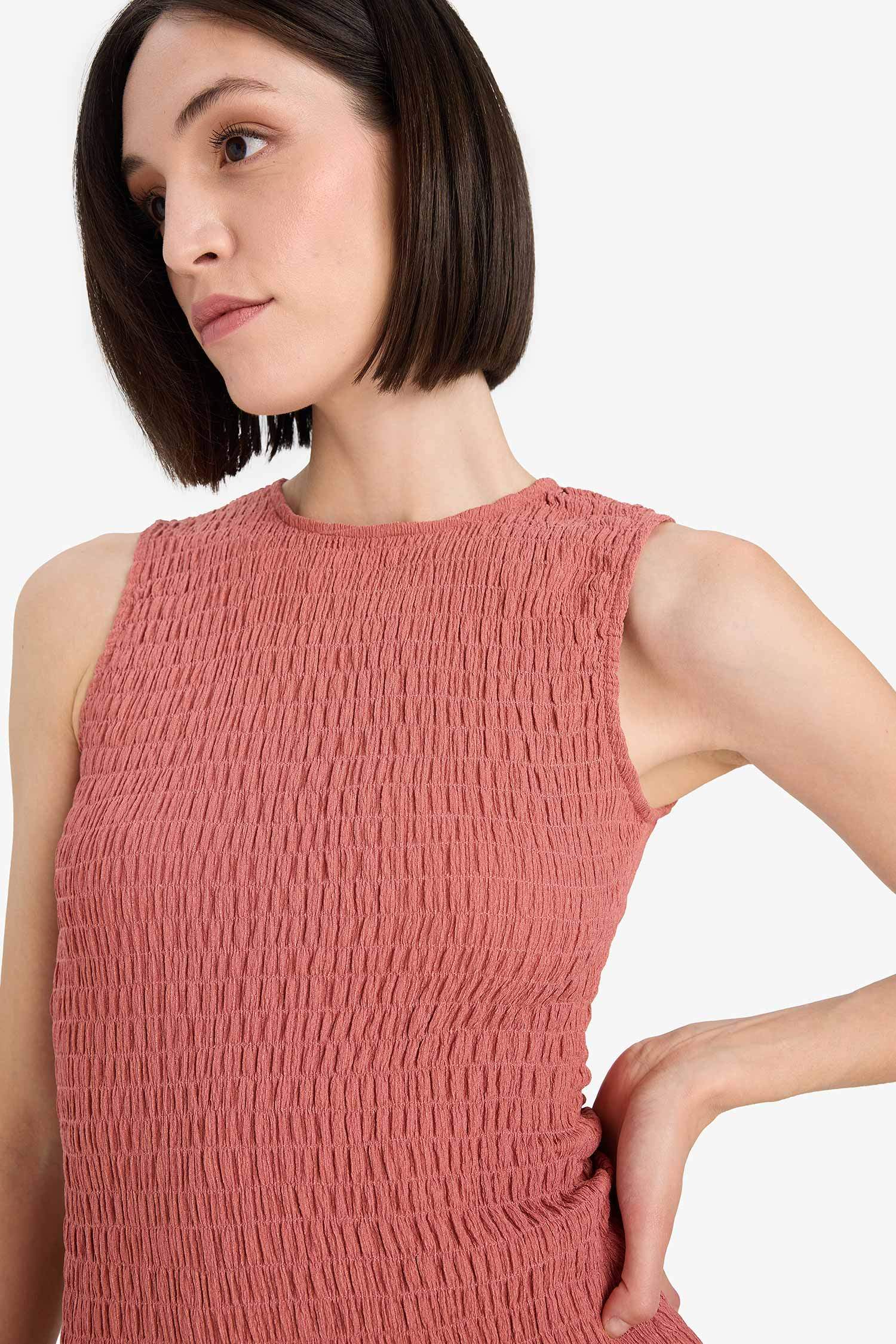 Bisiklet Yaka Bürümcük Kolsuz Midi Elbise