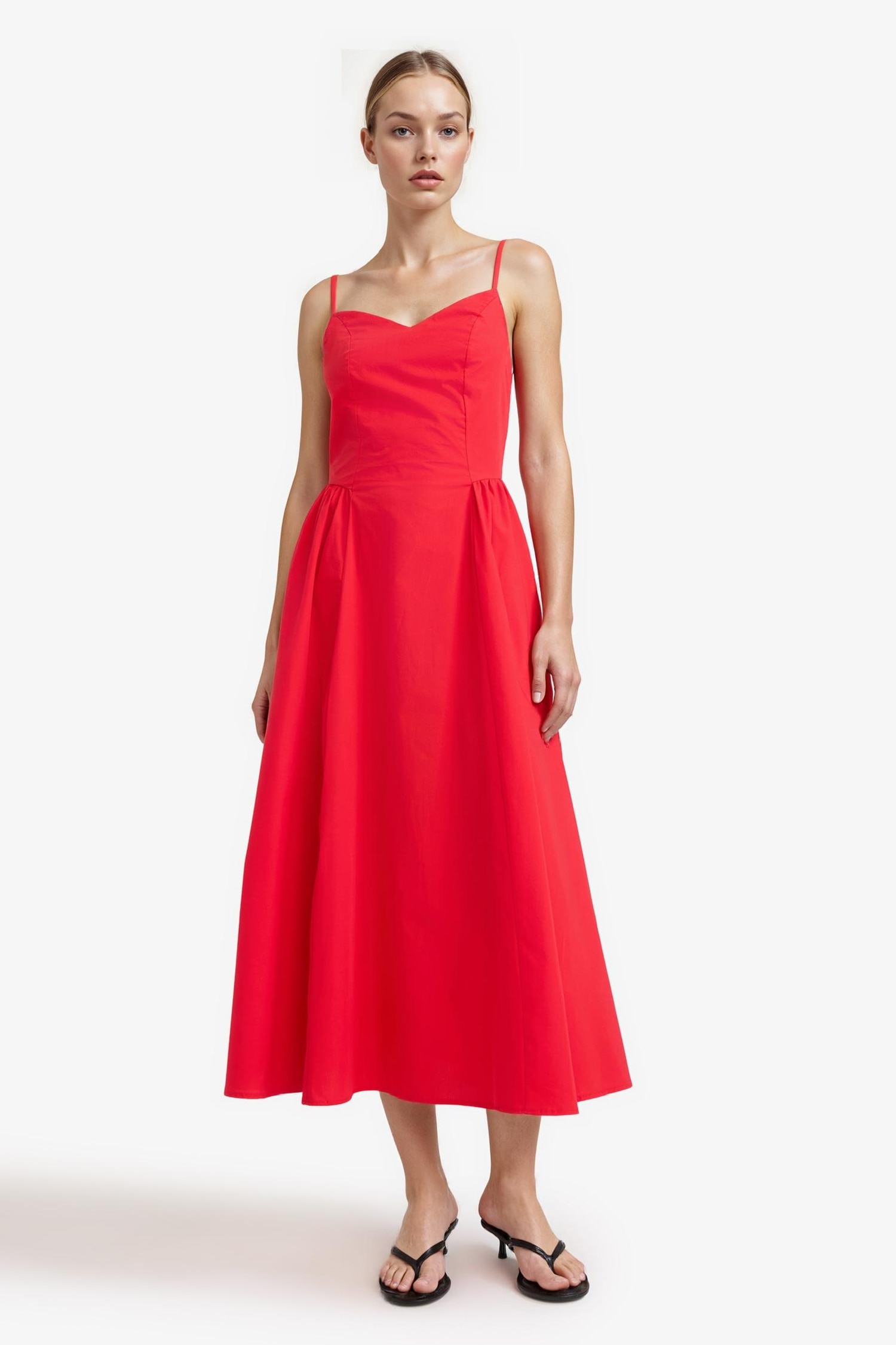 فستان نص كم ميدي بوبلين بحمالات بياقة V