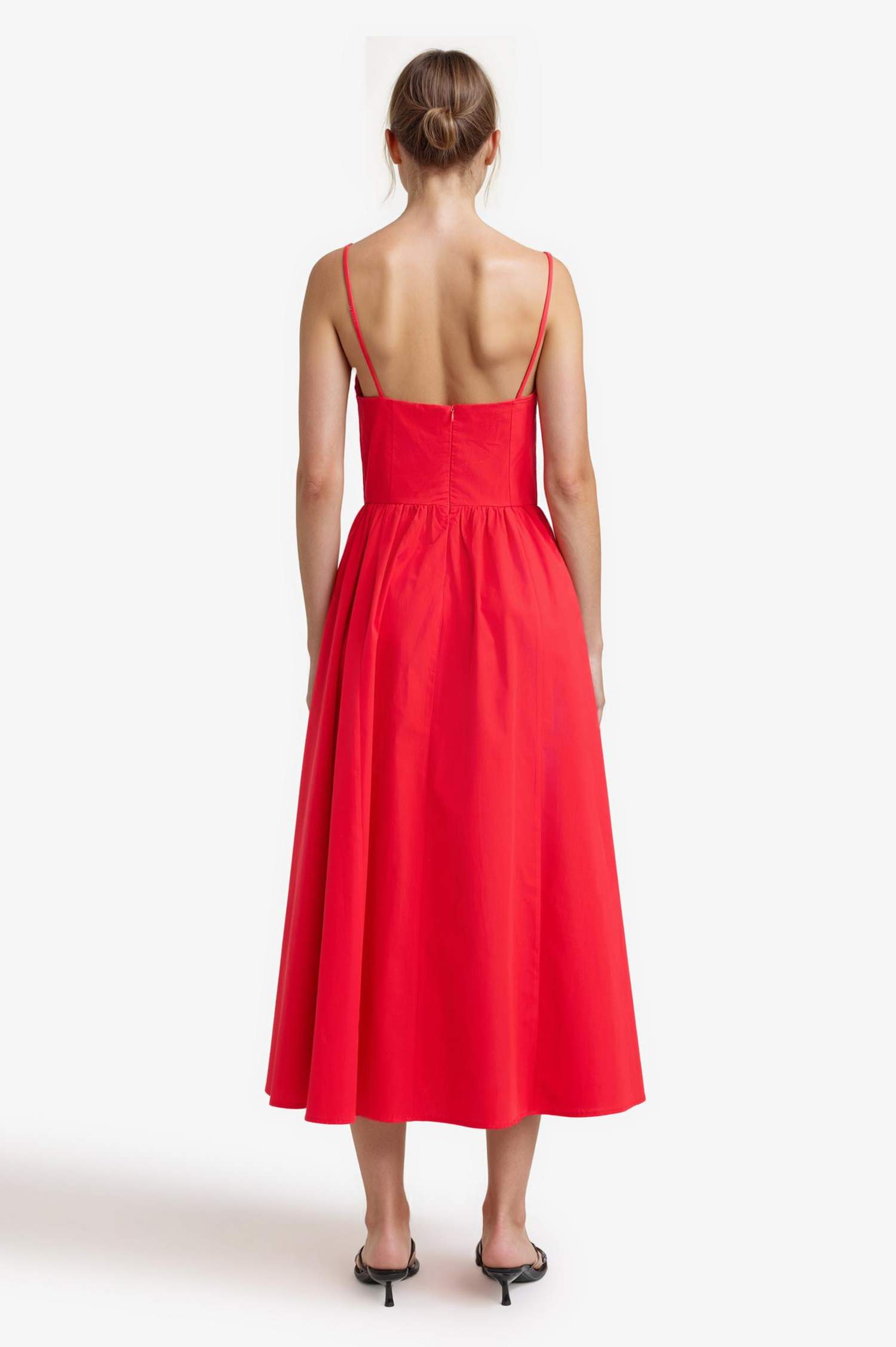 V Yaka Poplin Askılı Midi Elbise