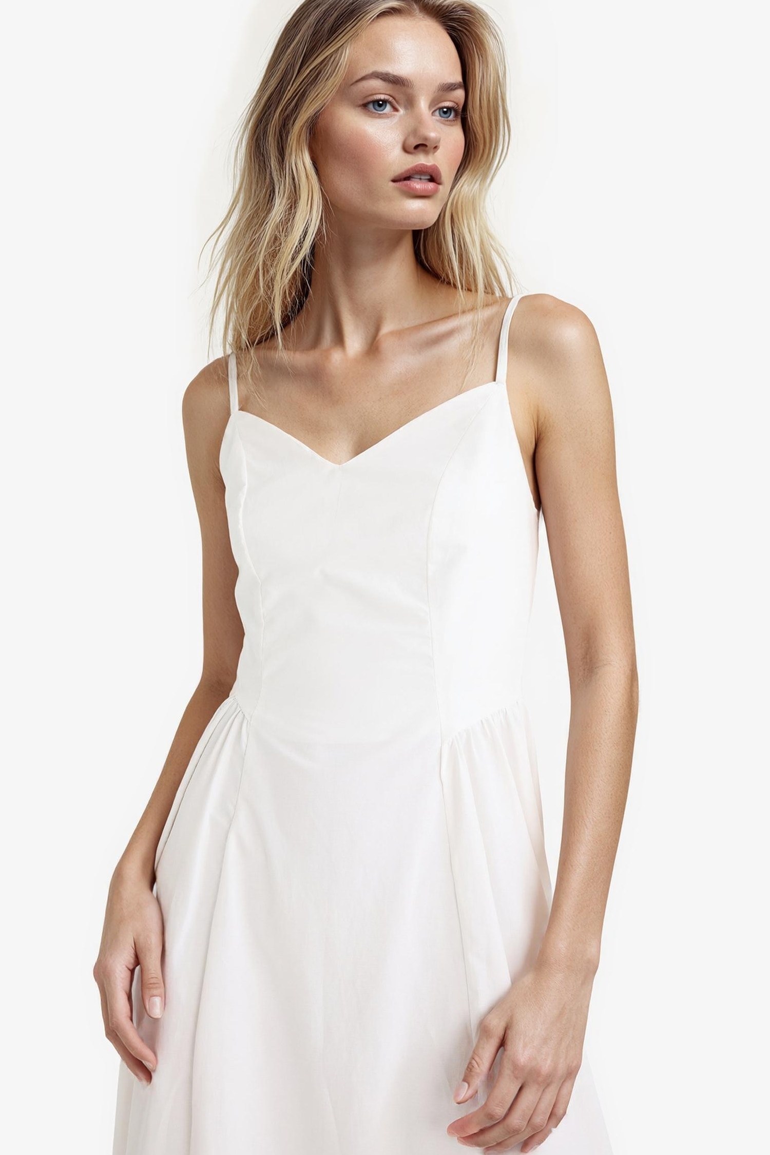 V Yaka Poplin Askılı Midi Elbise