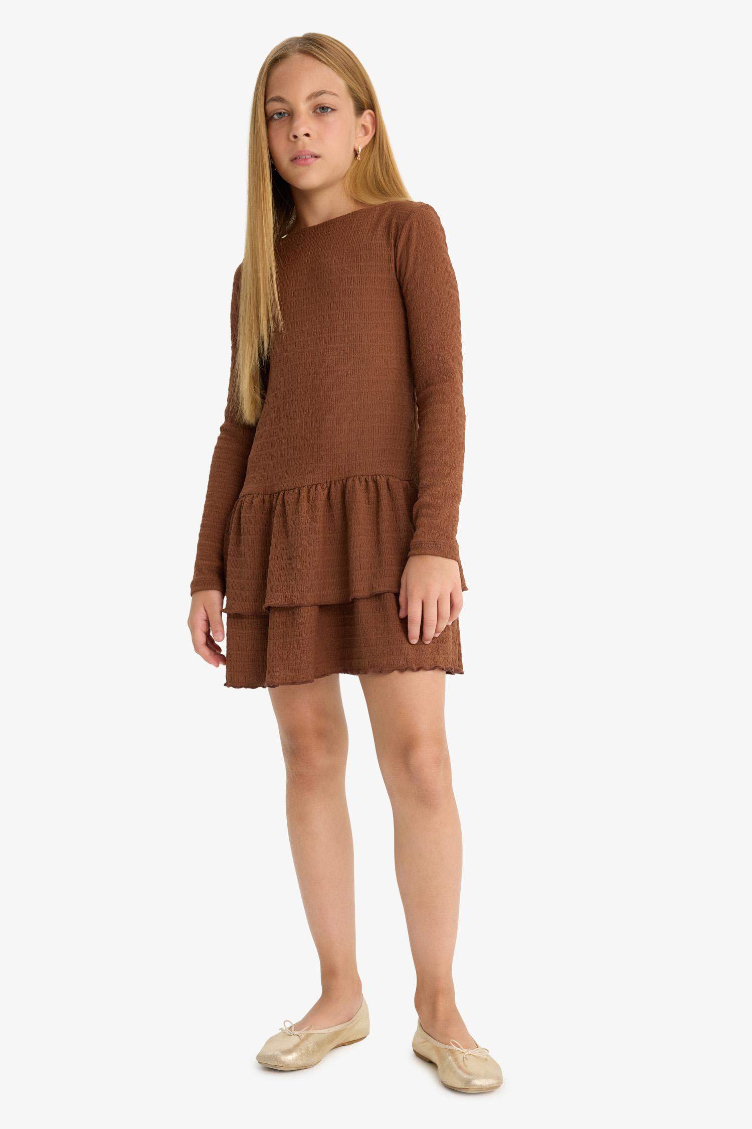 Kız Çocuk Bisiklet Yaka Uzun Kollu Elbise