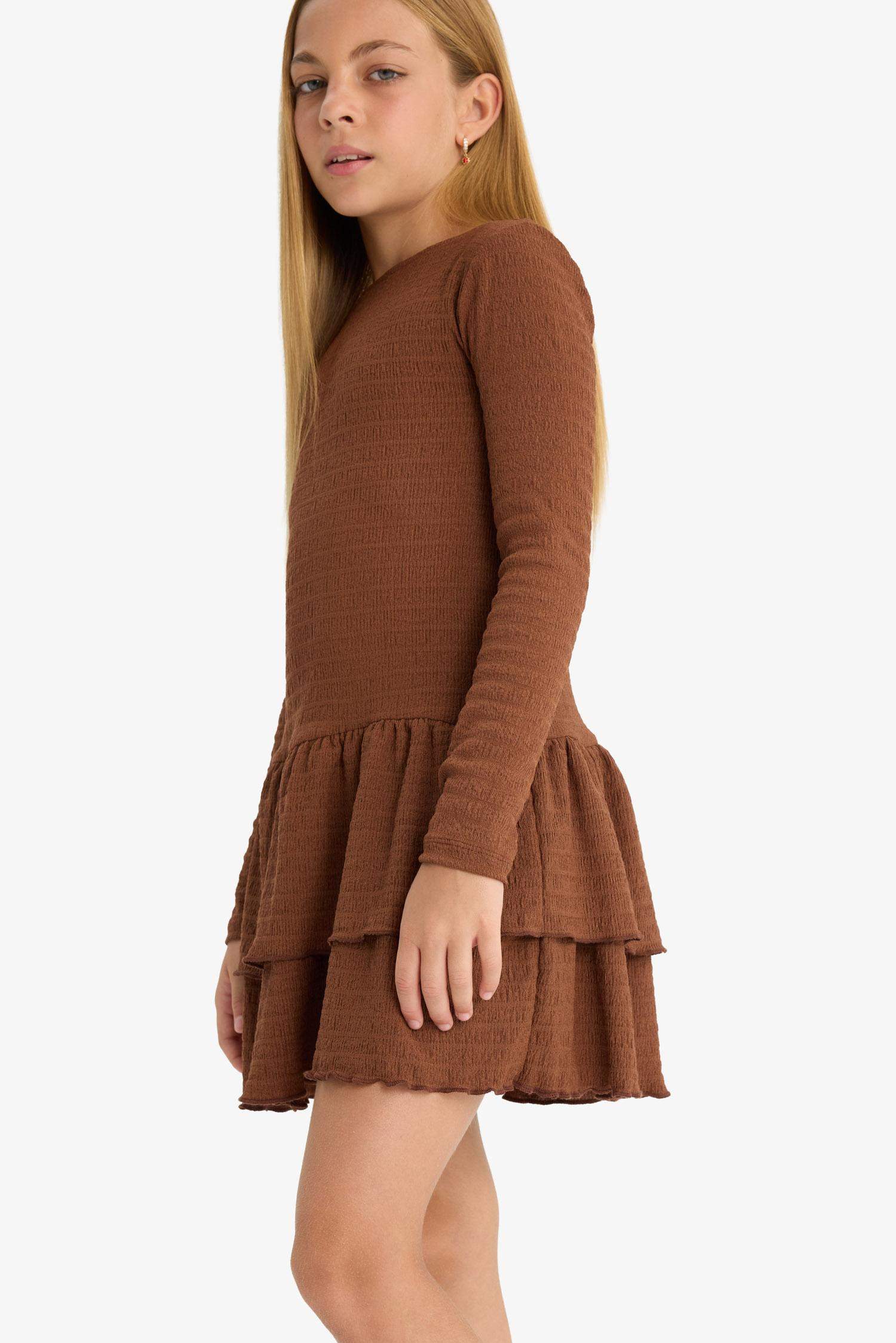 Kız Çocuk Bisiklet Yaka Uzun Kollu Elbise