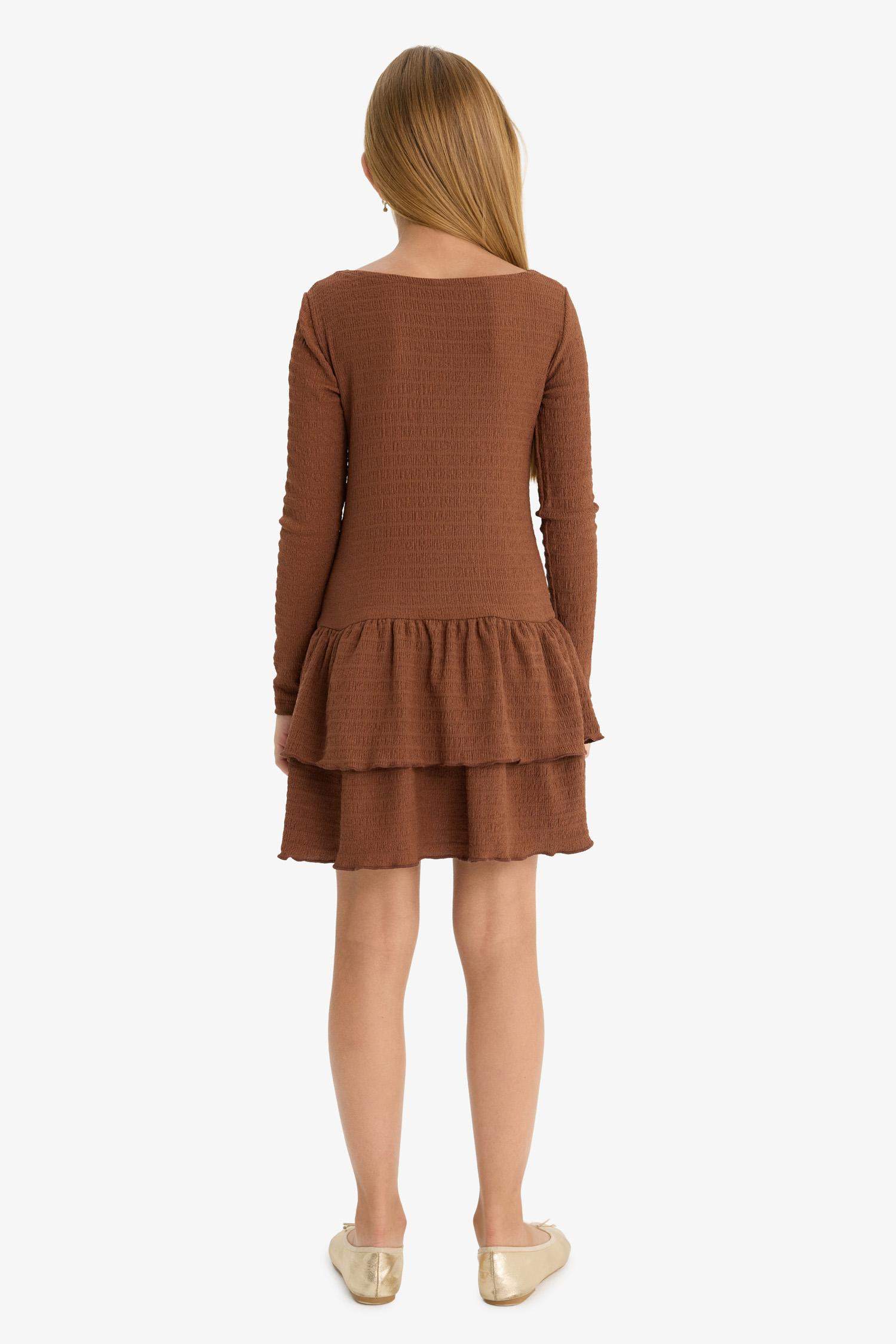 Kız Çocuk Bisiklet Yaka Uzun Kollu Elbise