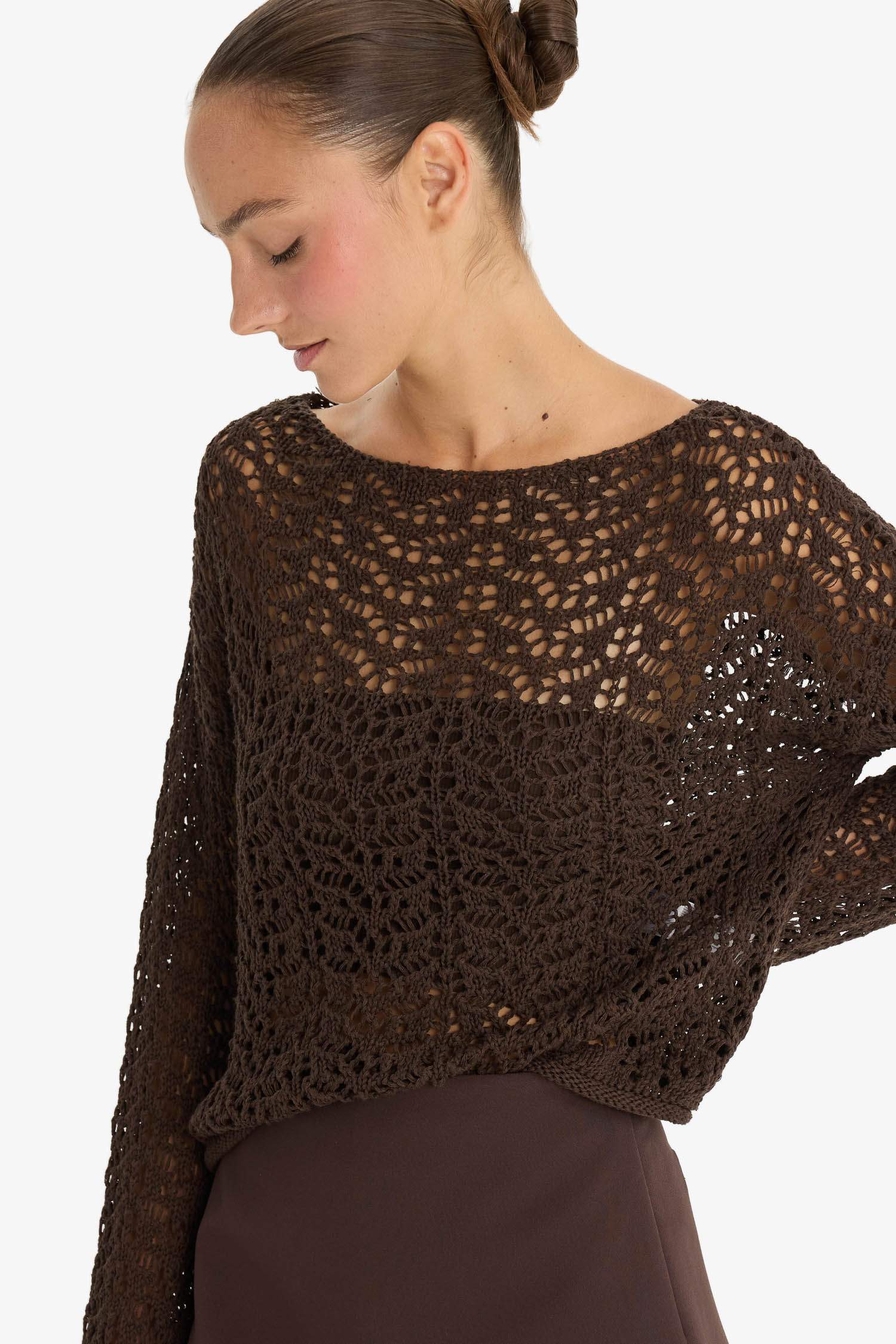 Regular Fit Kayık Yaka Ajurlu Kazak