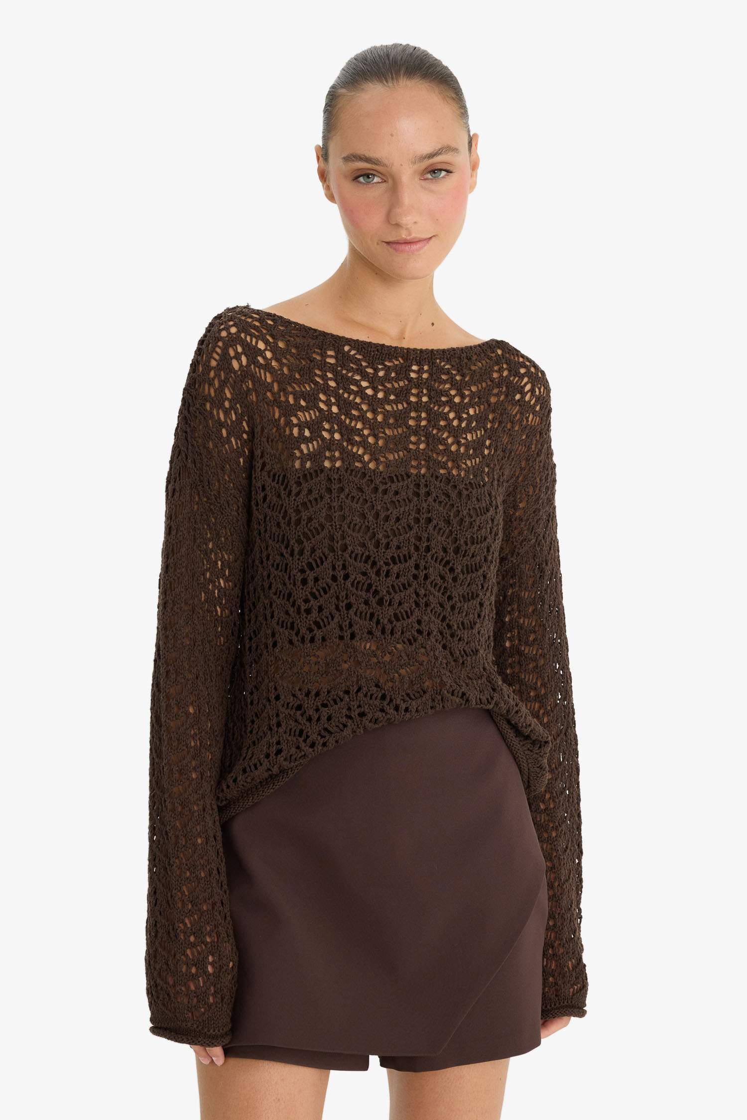 Regular Fit Kayık Yaka Ajurlu Kazak