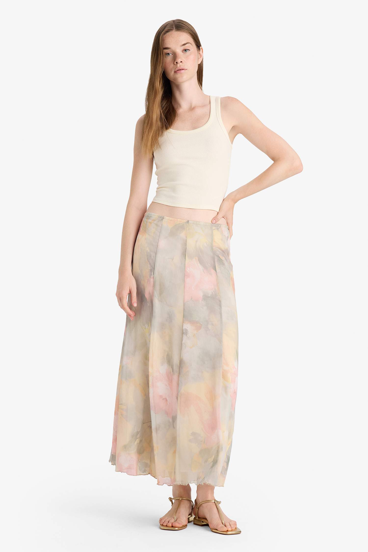 A-Line Floral Regular Waist Tulle Maxi Skirt