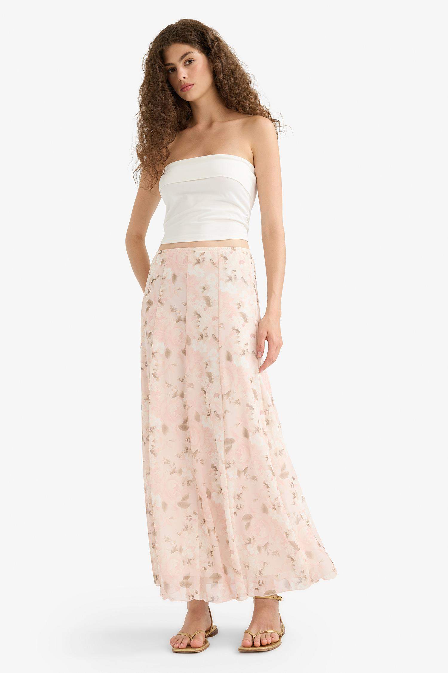 A Kesim Çiçekli Normal Bel Tül Maxi Etek