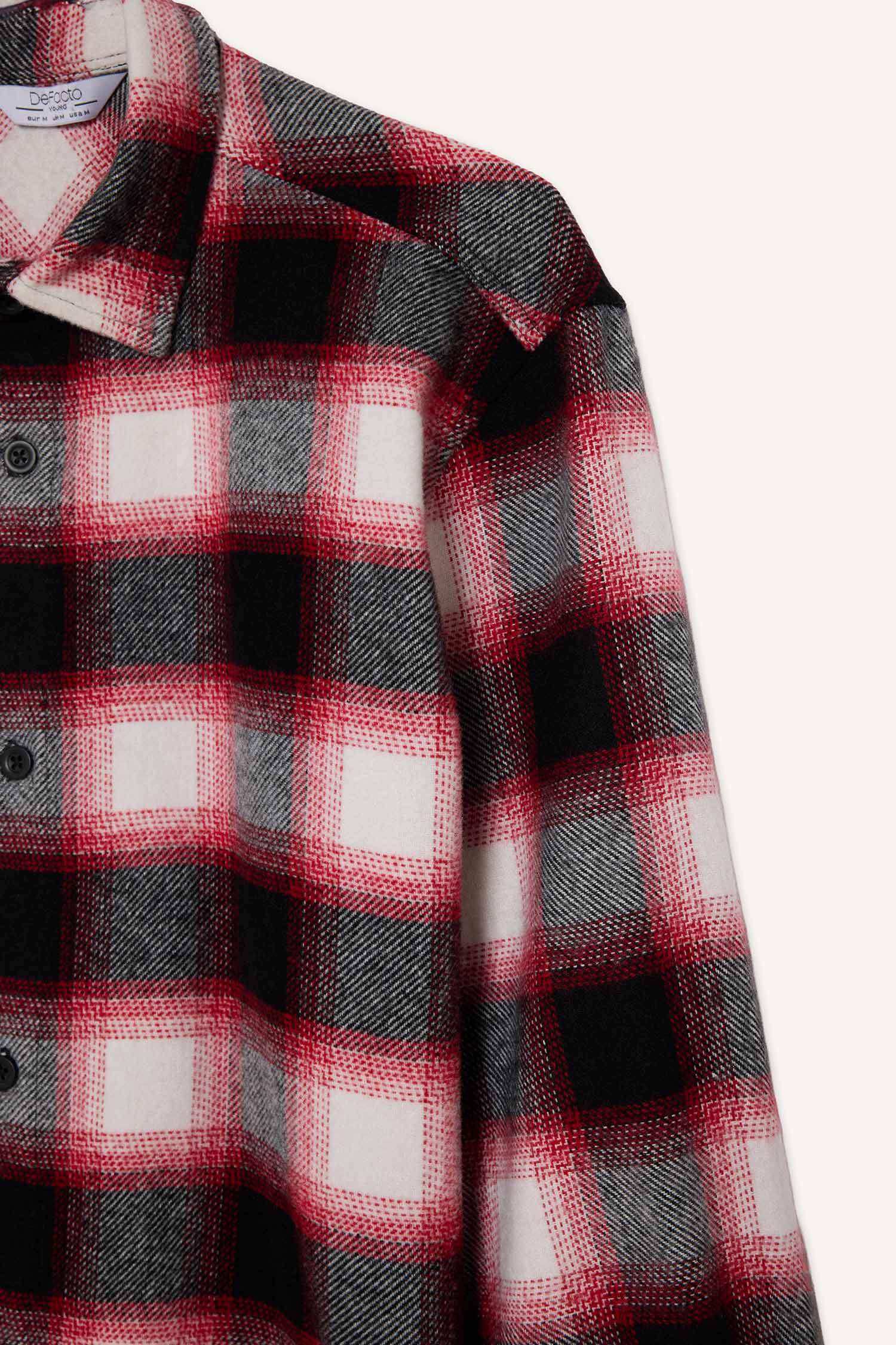 Regular Fit Polo Neck Flannel Plaid Long Sleeve Shirt