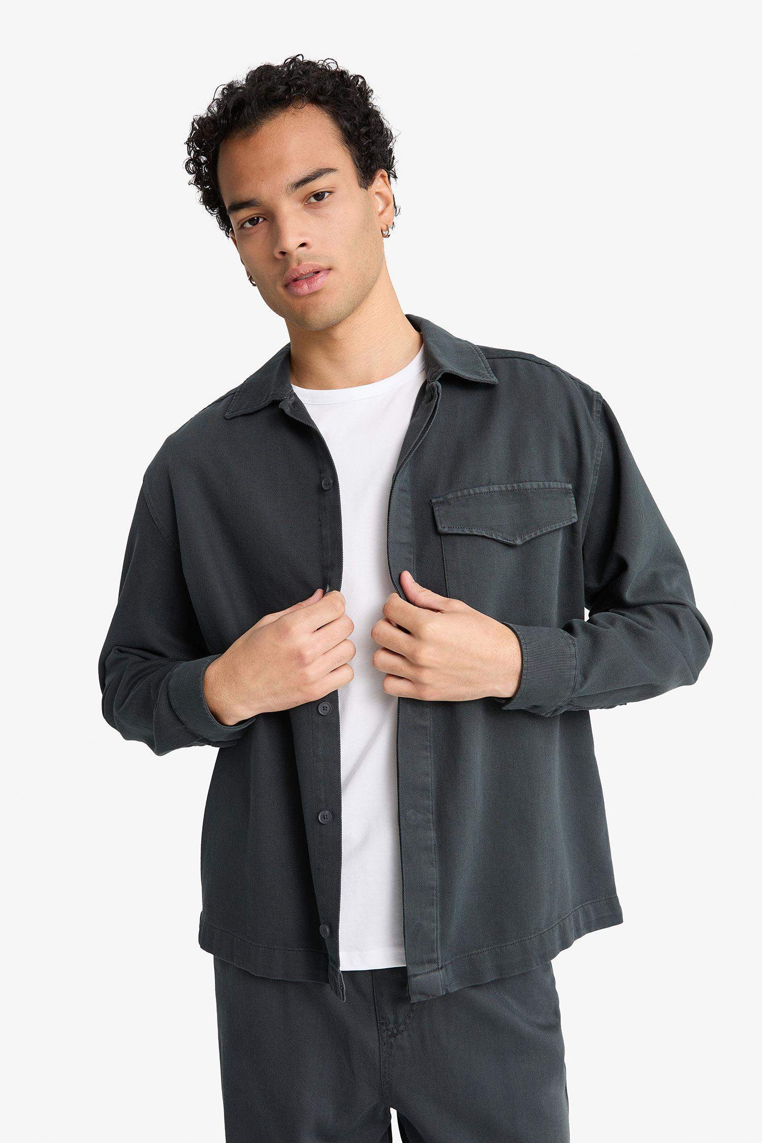 Boxy Fit Polo Neck Twill Long Sleeve Shirt